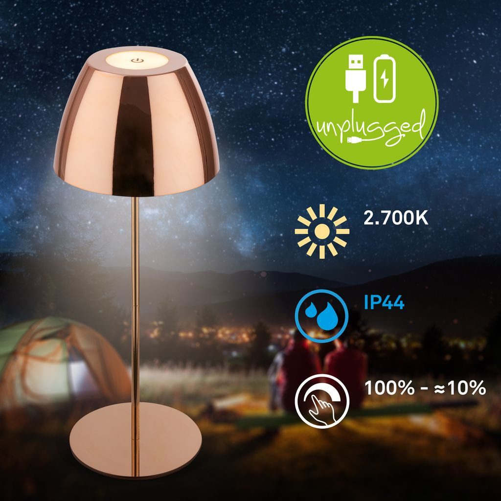 Briloner Leuchten Tischleuchte Tischlampe dimmbar Outdoor Akku touch Kupfer Kabellos, Dimmfunktion, LED fest integriert, 2700K - Extra-Warmweiß, Tischlampe kabellos 13,5 x 36 cm Kupferfarbig 2,5W Wohnzimmer Outdoor