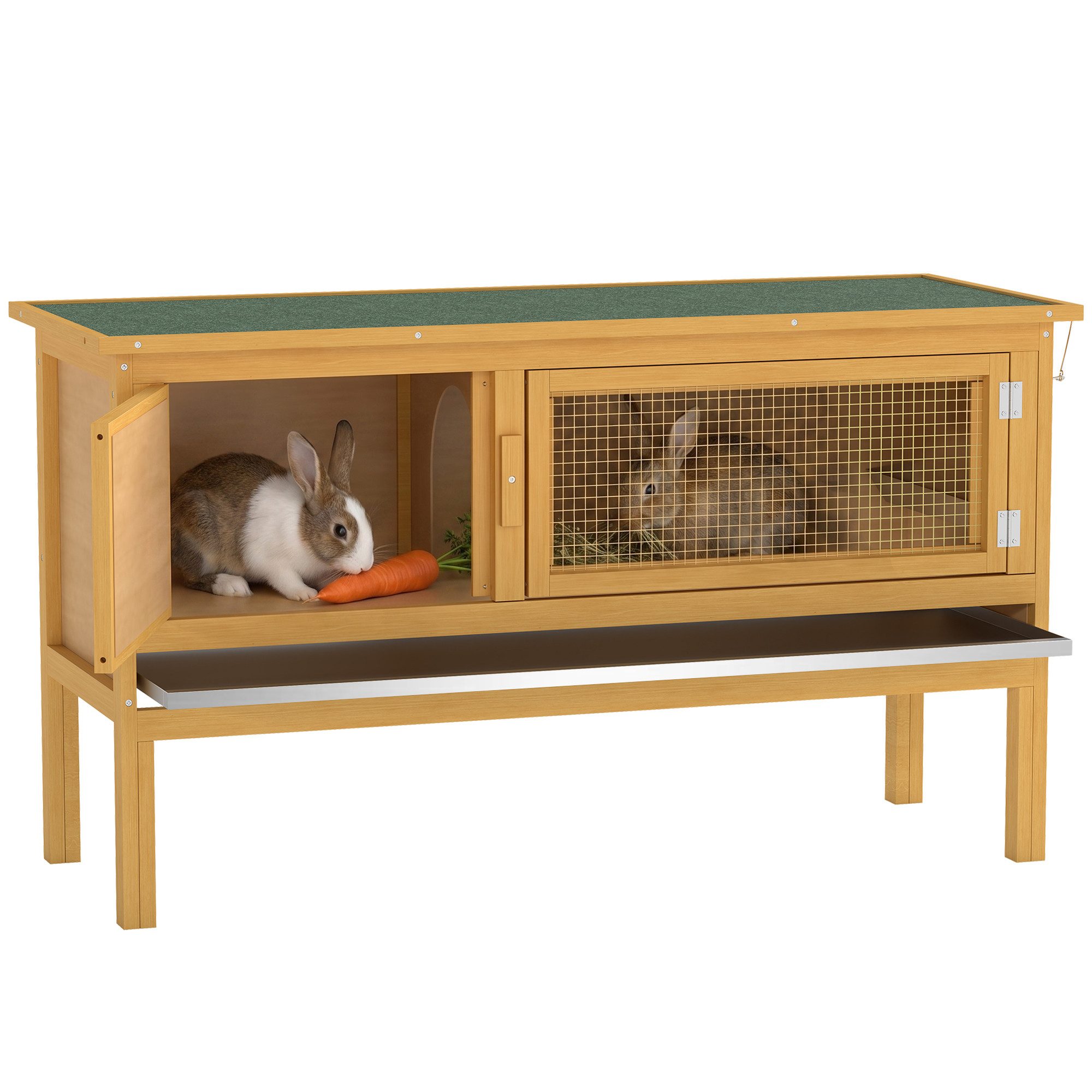 PawHut Kleintierstall Hasenstall Kaninchenstall mit aufklappbarem Dach, 2 Türen, für Kaninchen, Hühner, Enten Outdoor Hellgelb