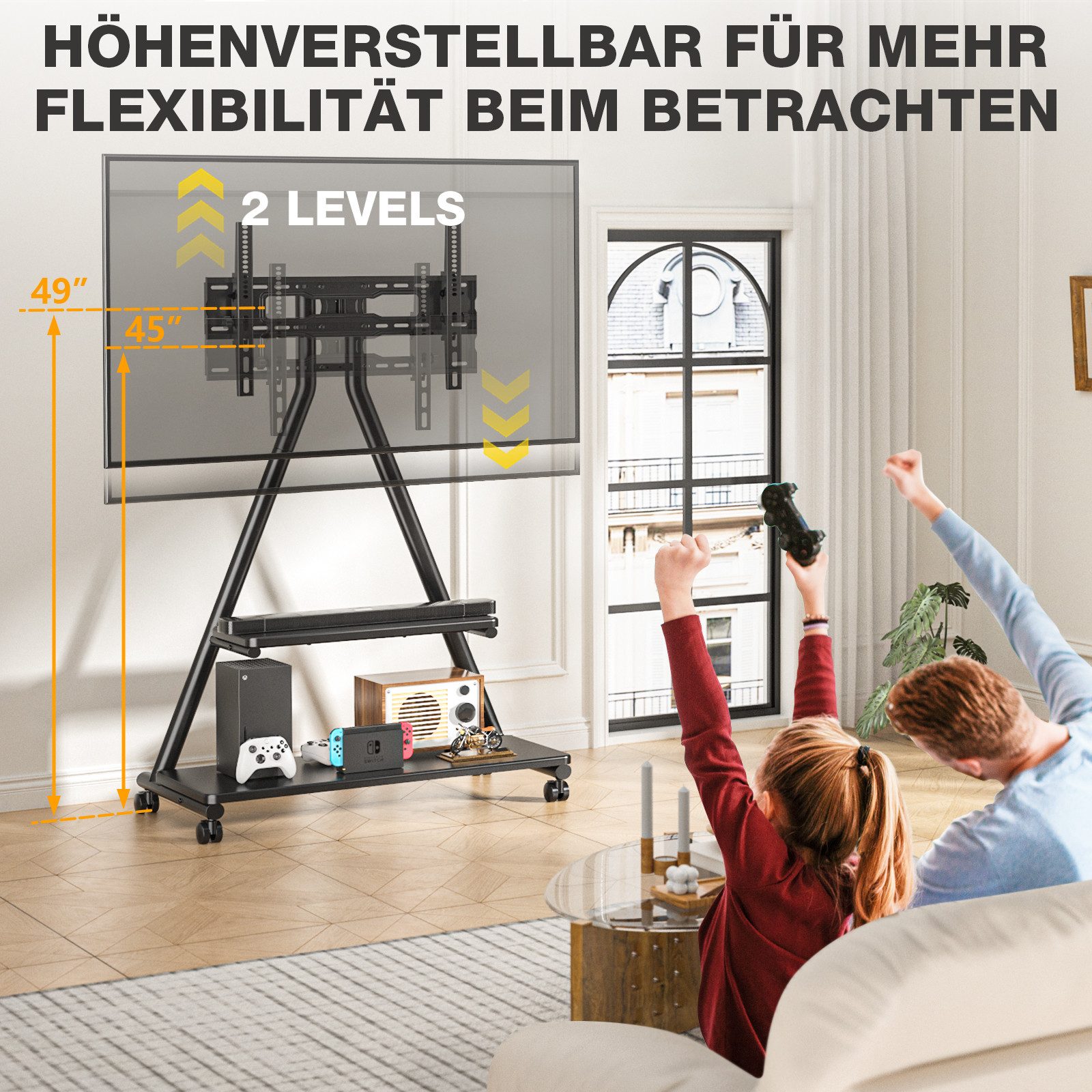 TVON TV-Ständer Rollständer für Fernseher Höhenverstellbar für 32-80 Zoll Fernseher, (bis 80 Zoll, 1-tlg., bis zu 68 KG Max. VESA 600 x 400 mm) – Bild 5 von 5
