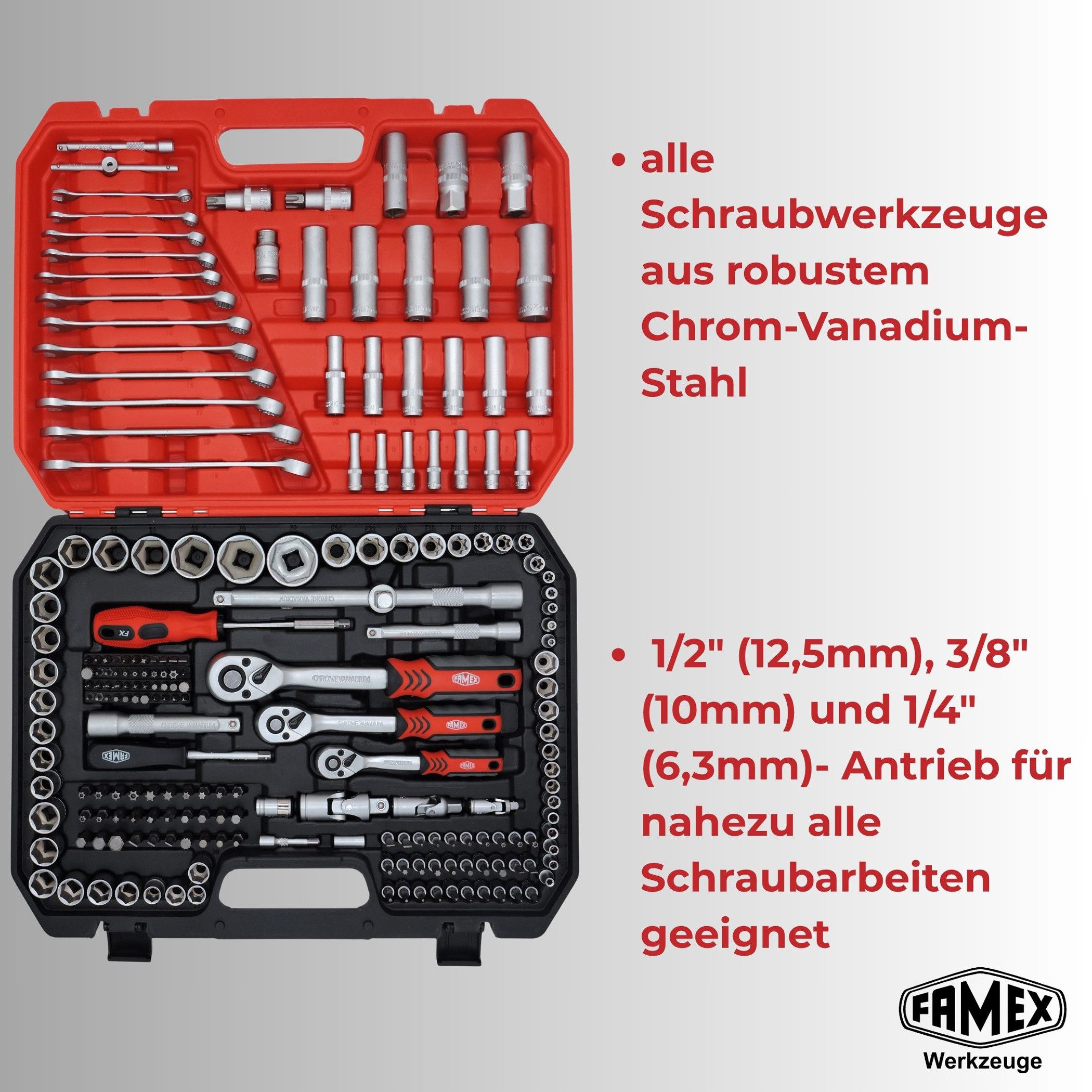 FAMEX Werkzeugset 555-50 Profi Steckschlüsselsatz 219-tlg, (Werkzeugkasten, Ratschenkasten 1/2", 1/4", 3/8), aus CV-Stahl, Auto, Motorrad, Fahrrad