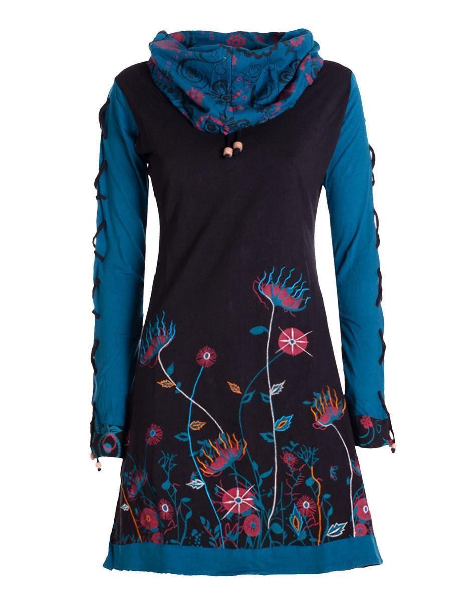 Minikleid Damen Blumen-Kleid Baumwollkleid Langarm-Shirtkleid Schal-Kragen