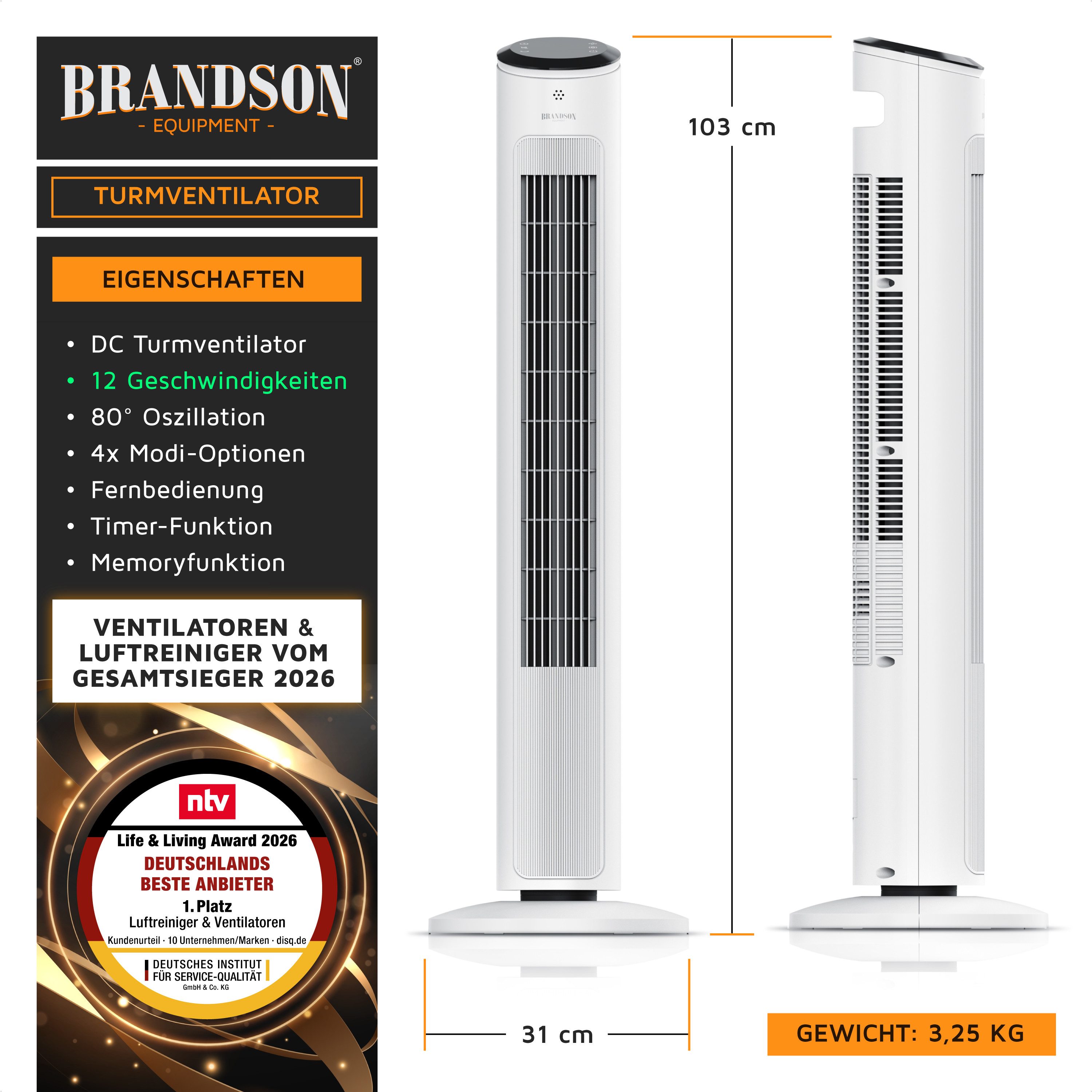 Brandson Turmventilator mit Fernbedienung, DC Motor, sehr leise, Schlaf Modus, Oszillation, Sieger Life&Living Award 2026, 12 Geschwindigkeitsstufen, Lüfter