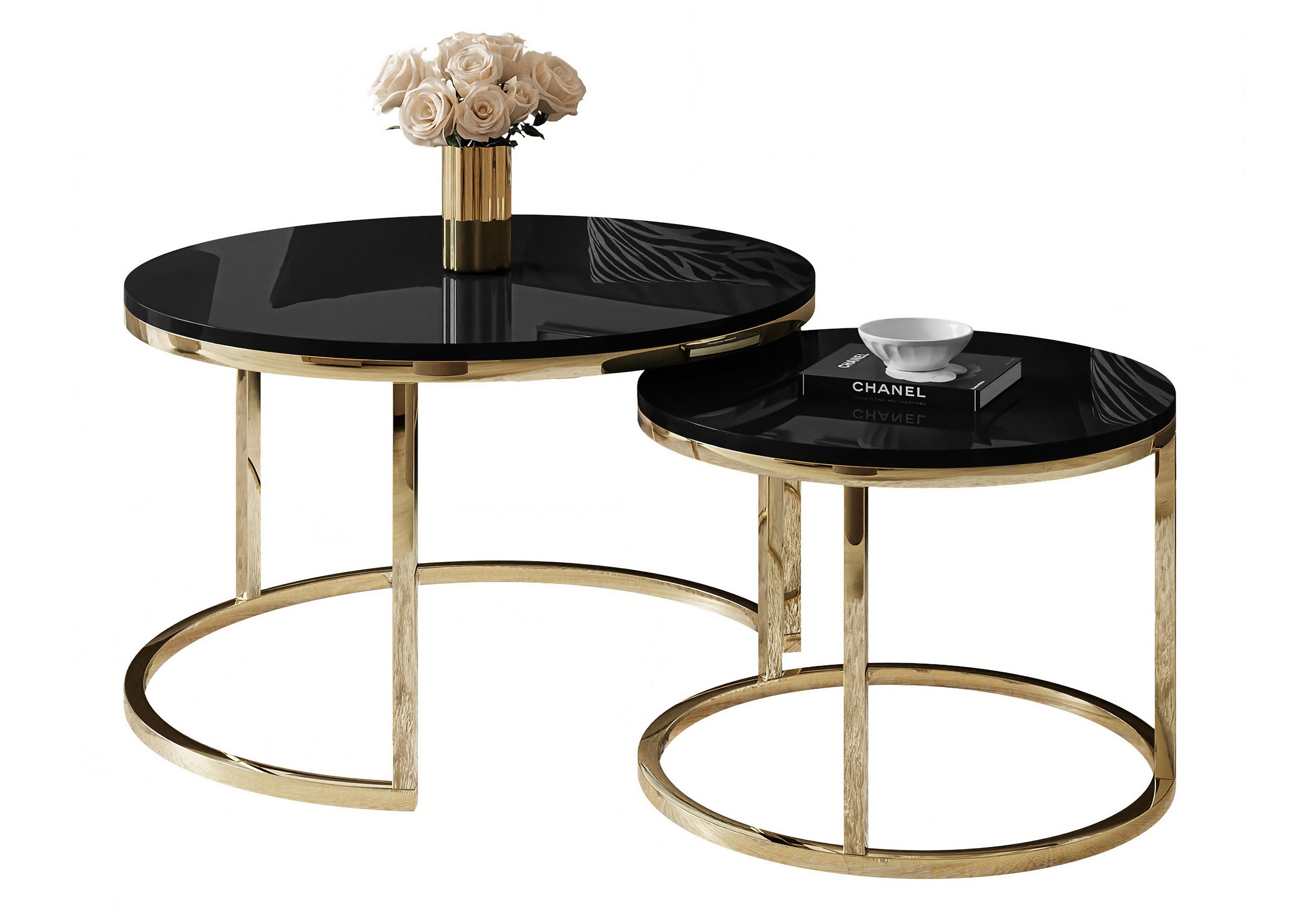 Lookway Couchtisch CIRI 2in1 Hochglanz mit Gold Chrom Gestell (2er Set), Durchmesser: ⌀70 cm und ⌀50 cm