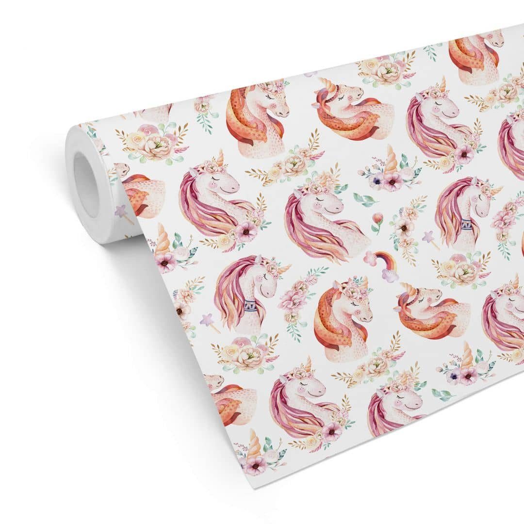 K&L Wall Art Mustertapete Kinderzimmer Vliestapete Einhorn Prinzessin Rosa Mädchenzimmer Blume, Blumenkranz Tapete