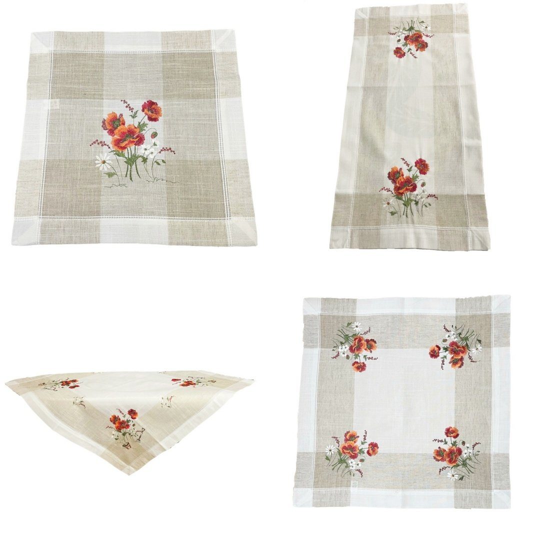 Westernlifestyle Tischdecke Roter Klatschmohn Beige Weiss gestickt Tischläufer Mitteldecke Decke
