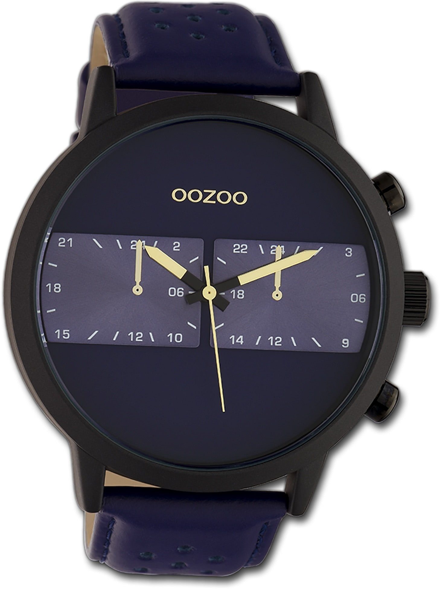 OOZOO Quarzuhr Oozoo Herren Armbanduhr Timepieces, Herrenuhr Lederarmband dunkelblau, rundes Gehäuse, extragroß (ca 50mm)
