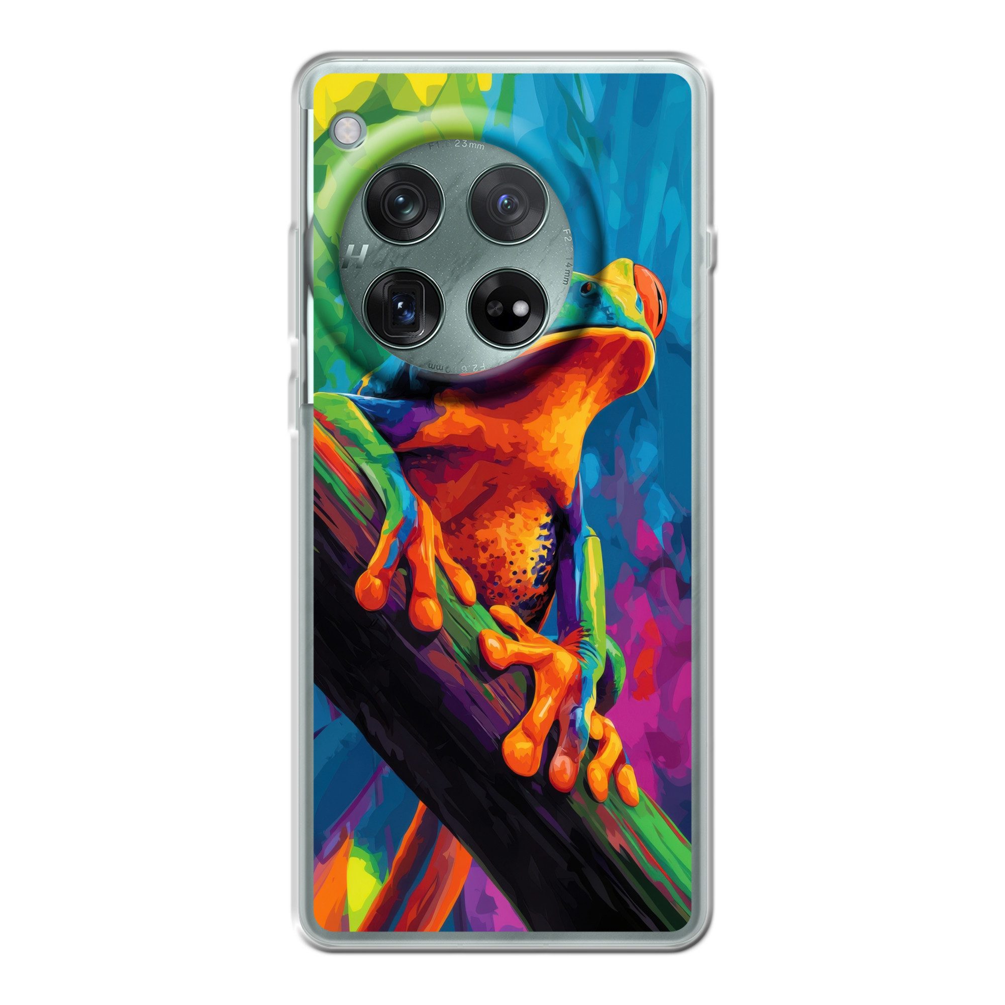 MuchoWow Handyhülle für OnePlus 12r Frosch - Leuchtend bunt - Zweig - Regenbogen, Handy Case, Silikon, Bumper Case Dünn