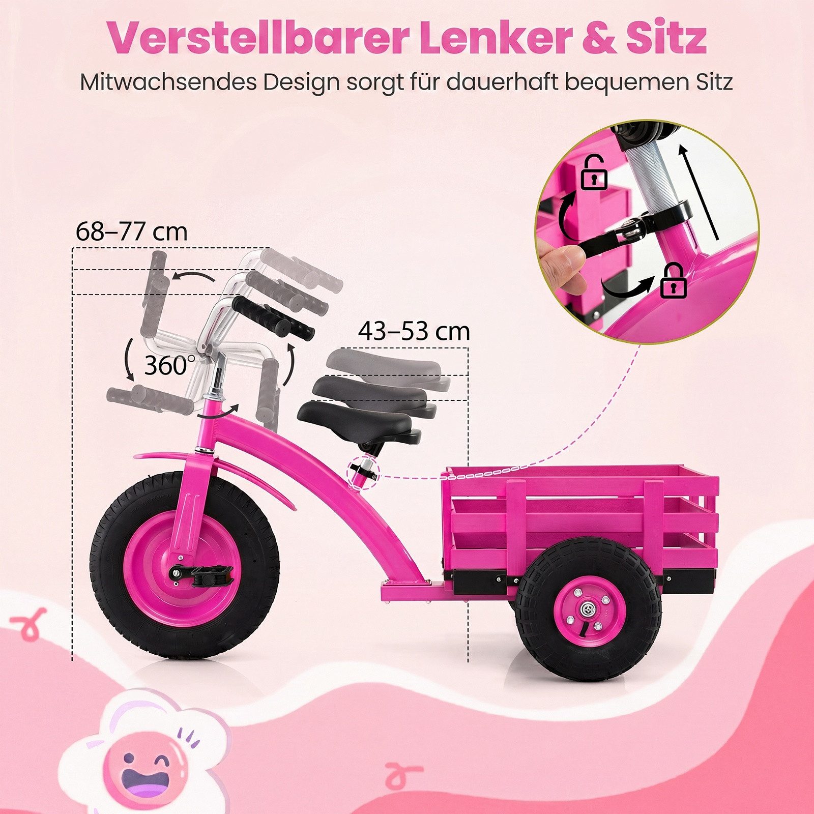 COSTWAY Dreirad, Kinderfahrrad mit verstellbarem Sitz, Lenker & Anhänger