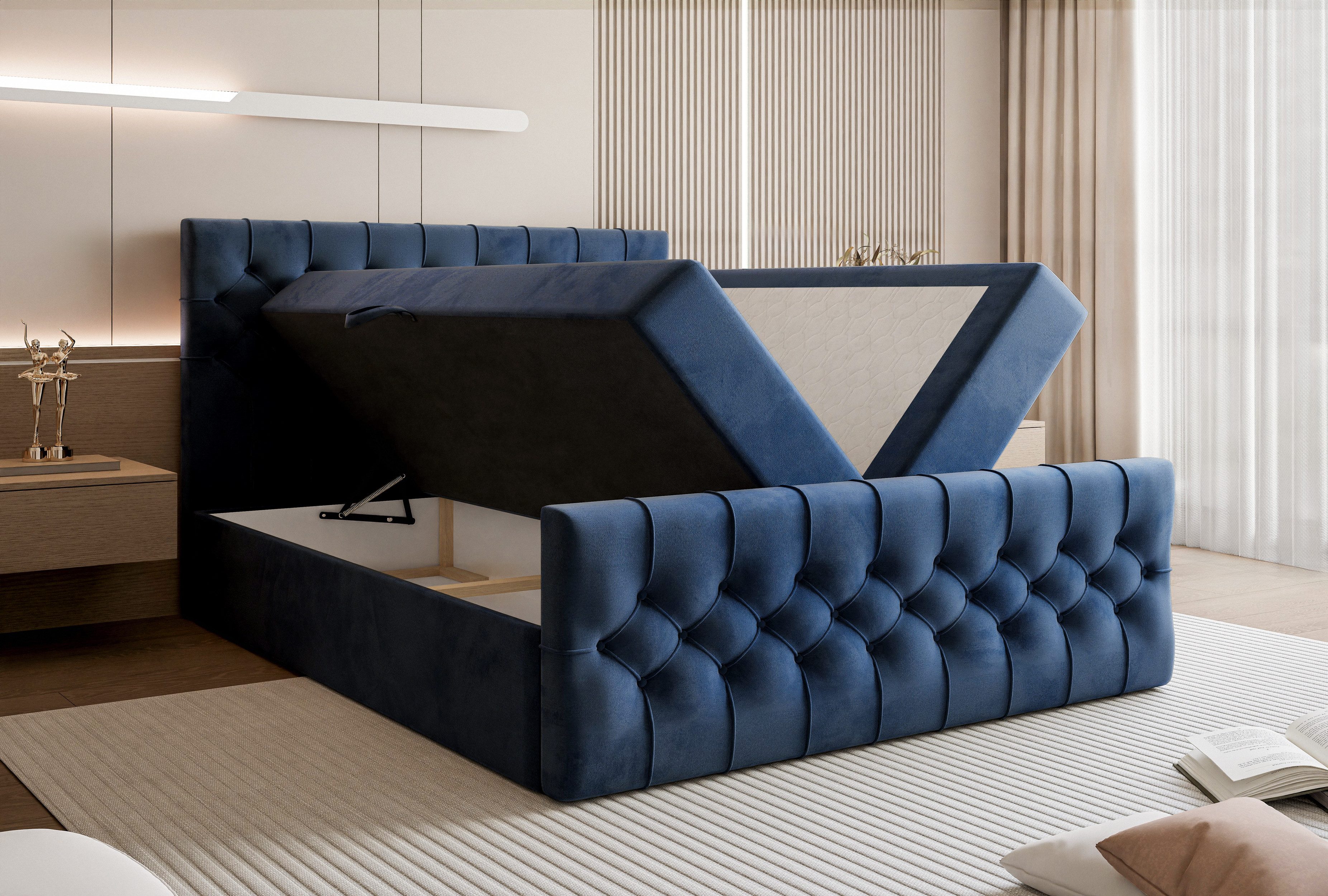 Goldstoff Boxspringbett TAURIEL mit Federkernmatratze & Topper, zwei Bettkästen (von 120 bis 200x200 cm), modernes Doppelbett aus Velvet Stoff mit edlem Kopftei – Bild 5 von 5