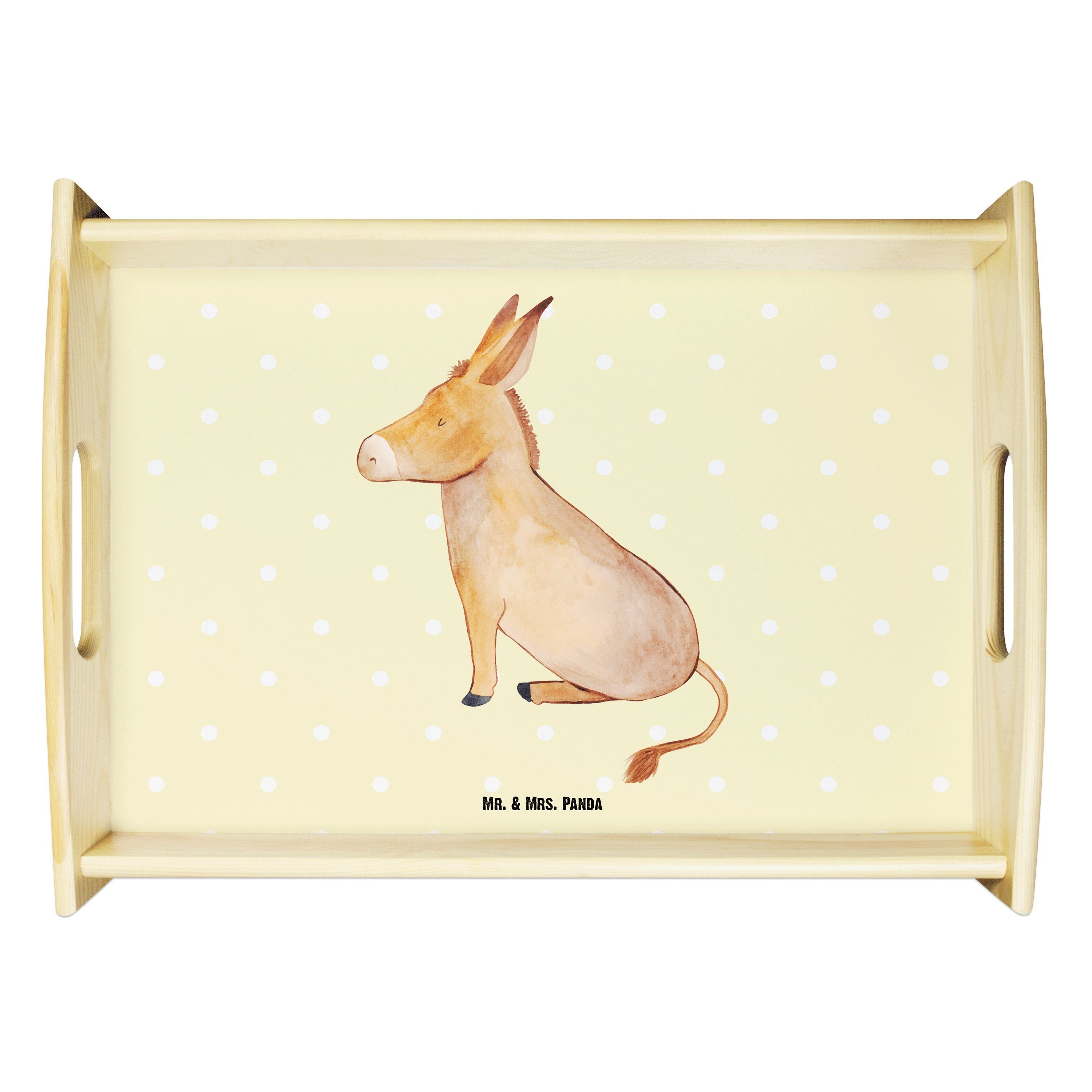 Mr. & Mrs. Panda Tablett Esel - Gelb Pastell - Geschenk, zuversicht, Holztablett, tapferkeit, Echtholz lasiert, (1-tlg)