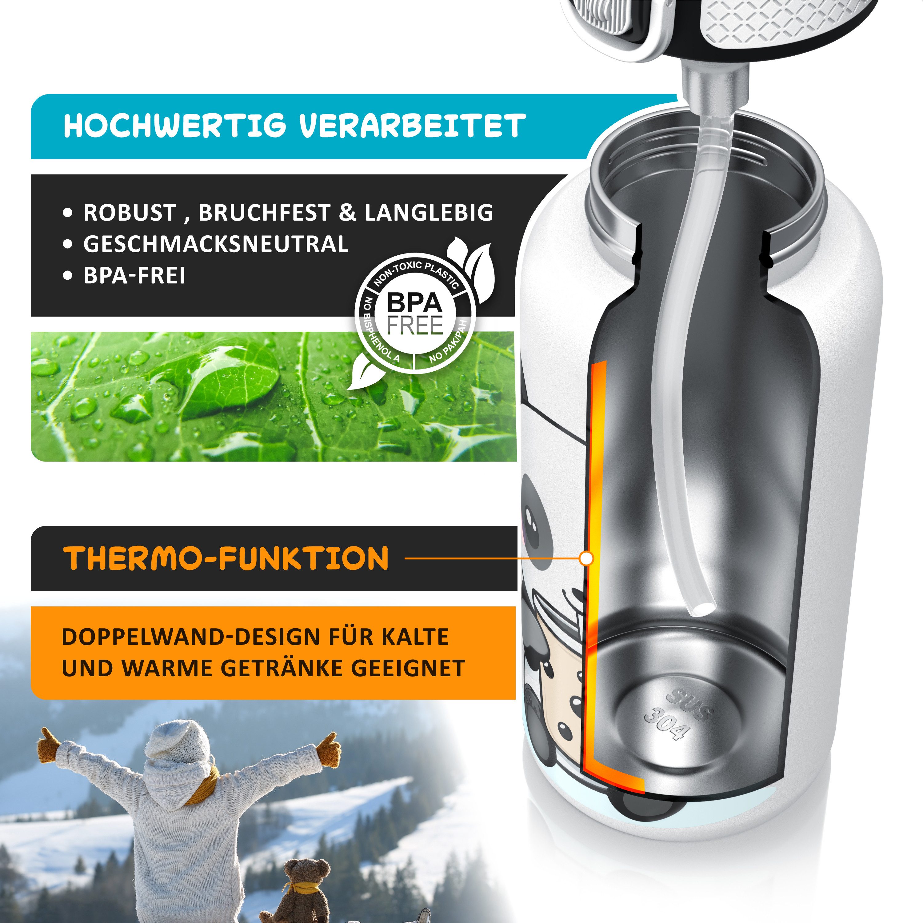 Arendo Thermobecher für Kinder, Becher mit Deckel & Strohhalm Trinkhalm, Edelstahl, 1-tlg., Edelstahl (Becher), Silikon (Trinkhalm), Kunststoff (Deckel), 550 ml, doppelwandig, auslaufsicher, Klickverschluss, Tragegriff