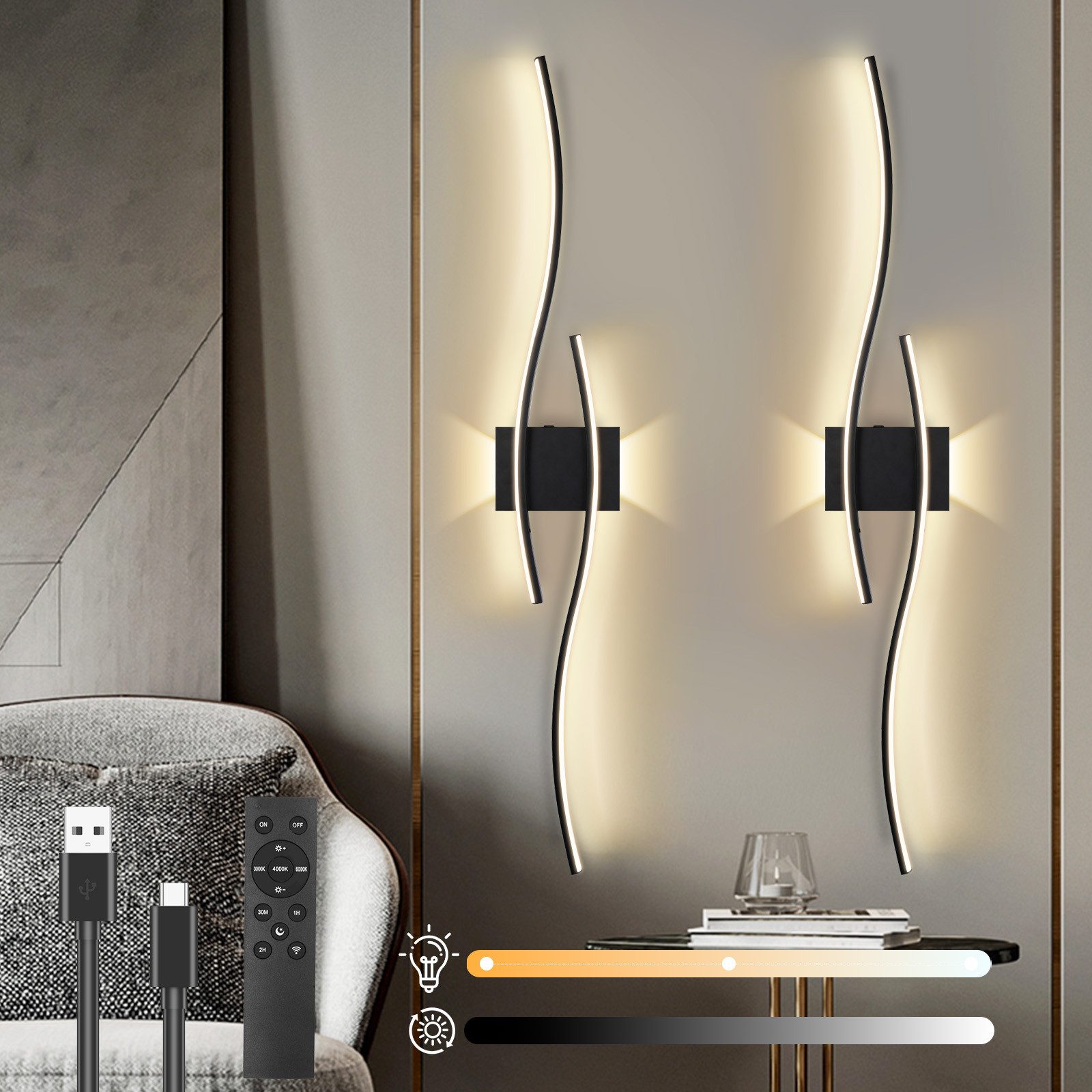 Lapalife Wandleuchte Akku LED Wandlampe Kabellose Dimmbar, Farbtemperatur Anpassung, 100CM, Mit Fernbedienung & Touch, Timer, für Schlafzimmer, Wohnzimmer