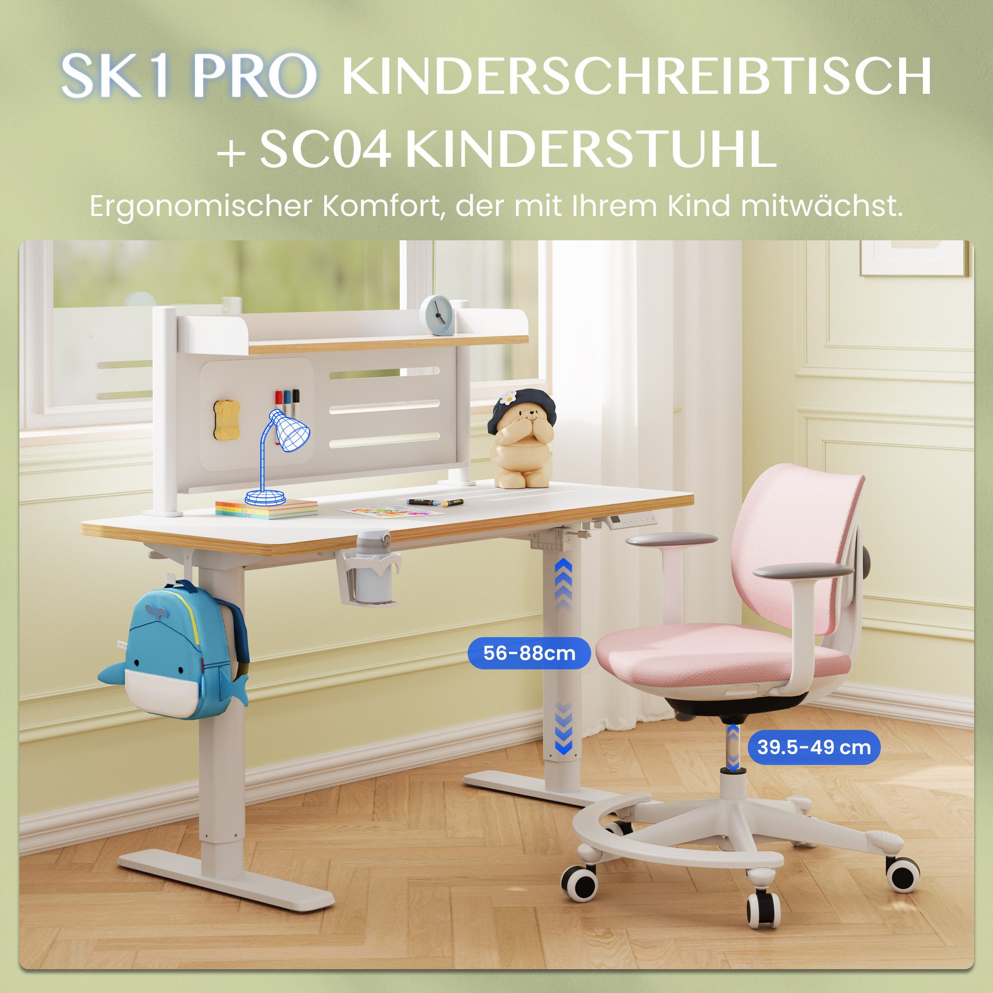 FLEXISPOT Schreibtisch Kinderschreibtisch Höhenverstellbar (3 Speichertasten, Magnetisches Whiteboard, inkl. 3 Whiteboard-Stifte & Tafellöscher), MIT 2xHaken& 1 – Bild 2 von 5