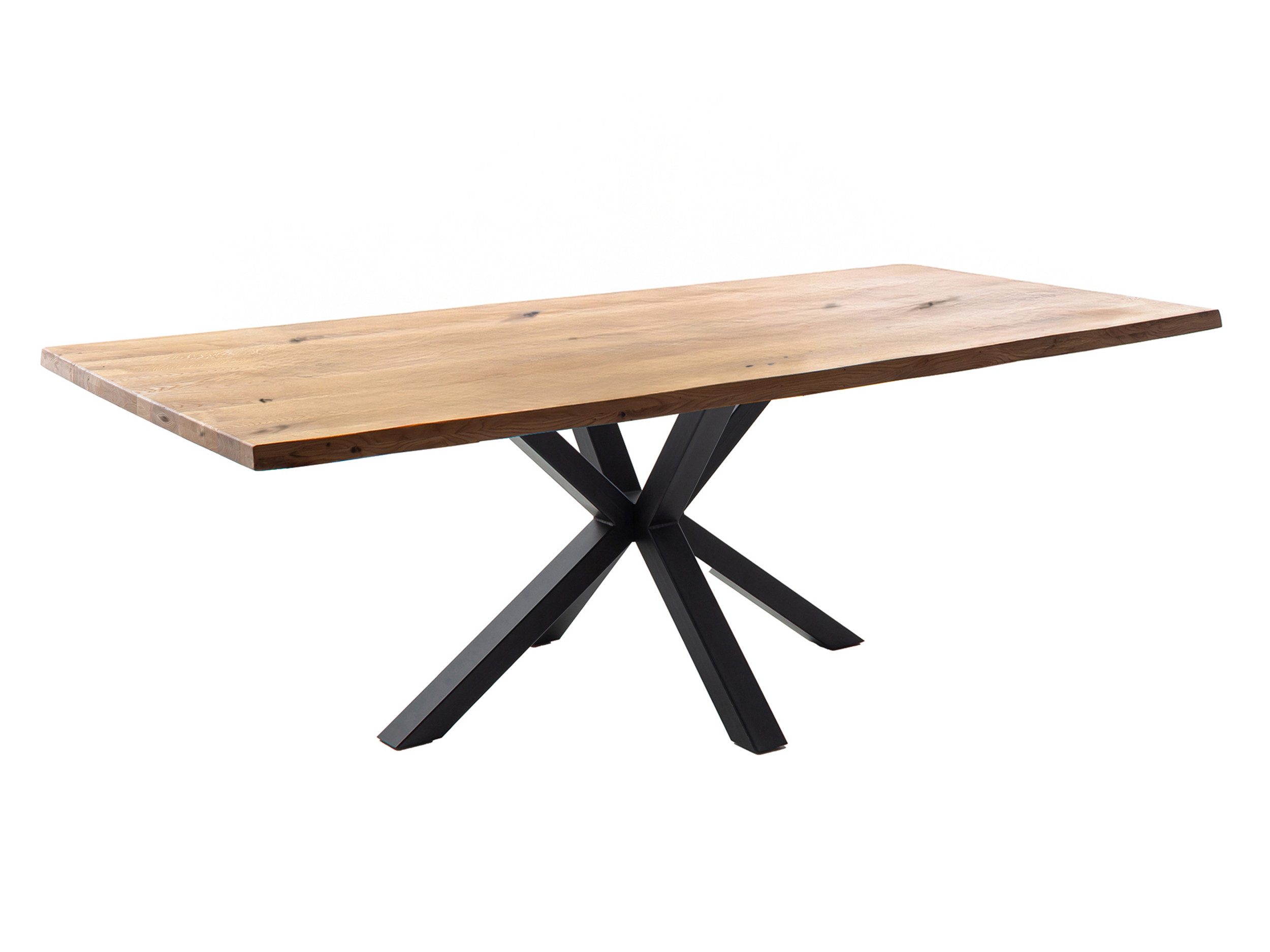Massivart® Baumkantentisch DAHLIA Wildeiche geölt /massive Baumkanten Optik / 40 mm Tischplatte, Spider‑Gestell schwarz / Industrial Look