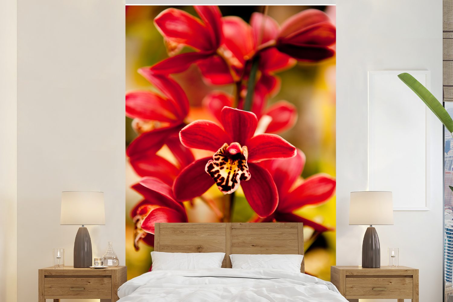 MuchoWow Fototapete Rote Orchideen mit verblasstem Hintergrund, Matt, bedruckt, (3 St), Montagefertig Vinyl Tapete für Wohnzimmer, Wandtapete