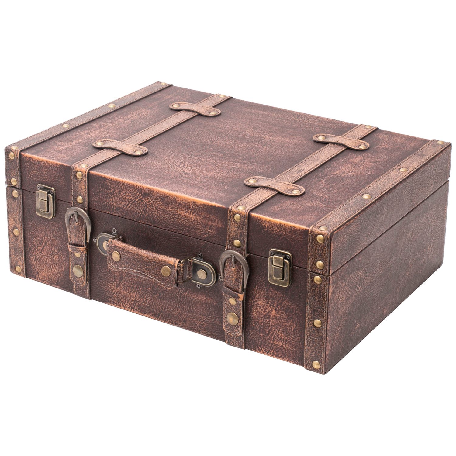 HMF Aufbewahrungsbox Vintage Koffer Holz, Aufbewahrungsbox mit Deckel und Ledergriff als, Geschenkidee für Hochzeit oder Geburtstag, Klassik, 44 x 32 x 16 cm