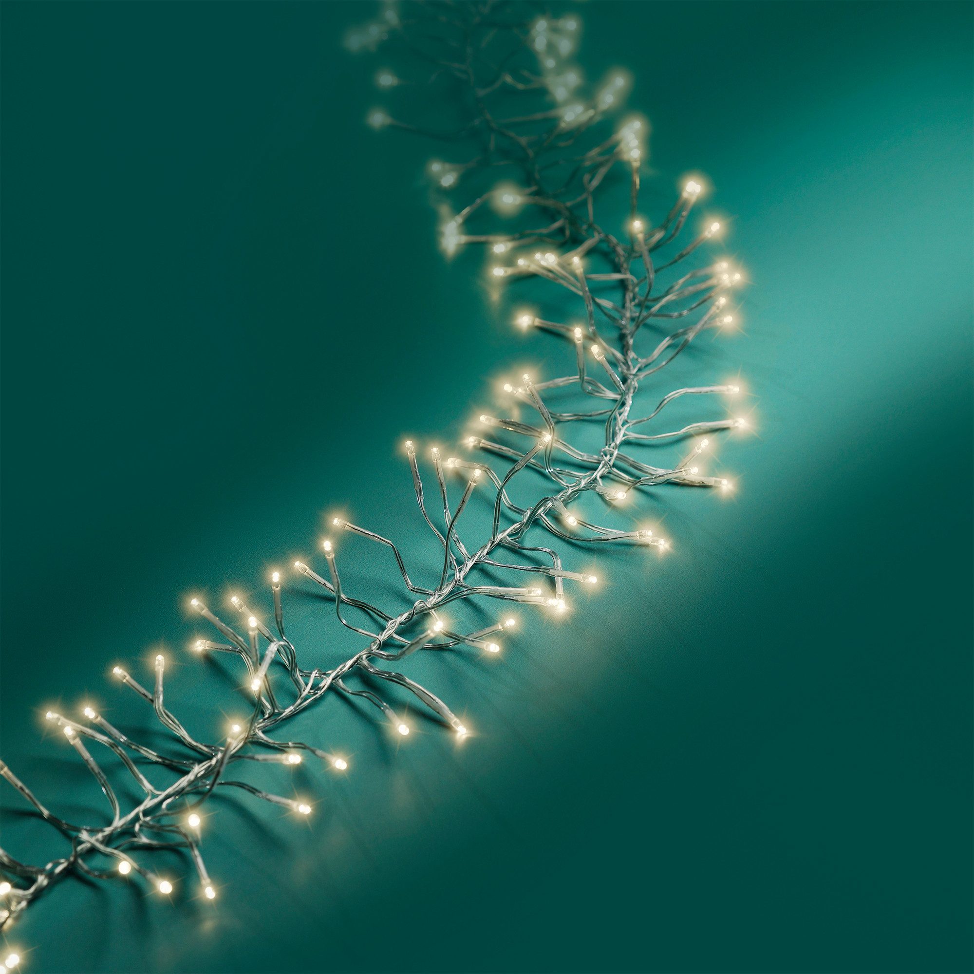 Lumineo LED-Lichterkette Lumineo Lichterkette CLUSTER 1512 LED 14 m warm weiß, transp. Kabel, Indoor/Outdoor, dimmbar, 8h-Timer, + 5 m Zuleitung