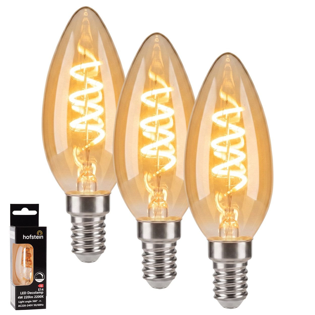 hofstein LED-Leuchtmittel 3er Set Glühbirne Extra Warmweiß dimmbar 4 Watt, E14, 2200 Kelvin, 220 Lumen, Kerze, Filament Spirale, Amber