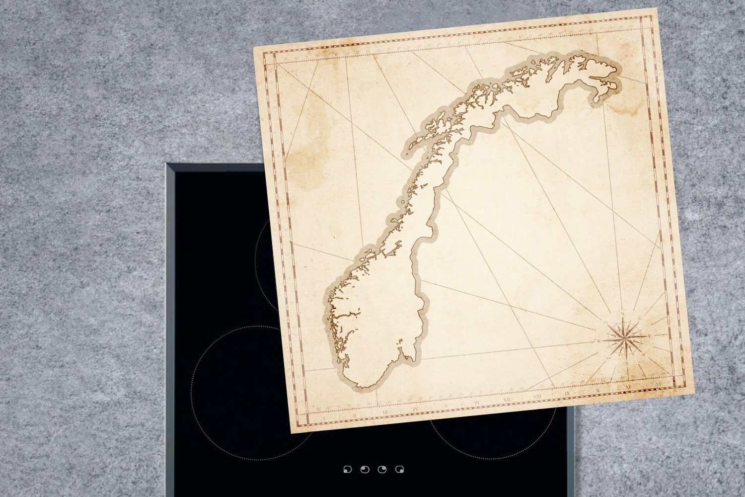 einer cm, antiken 78x78 Karte Ceranfeldabdeckung, küche Vinyl, MuchoWow von Norwegen, für (1 Arbeitsplatte tlg), Illustration Herdblende-/Abdeckplatte