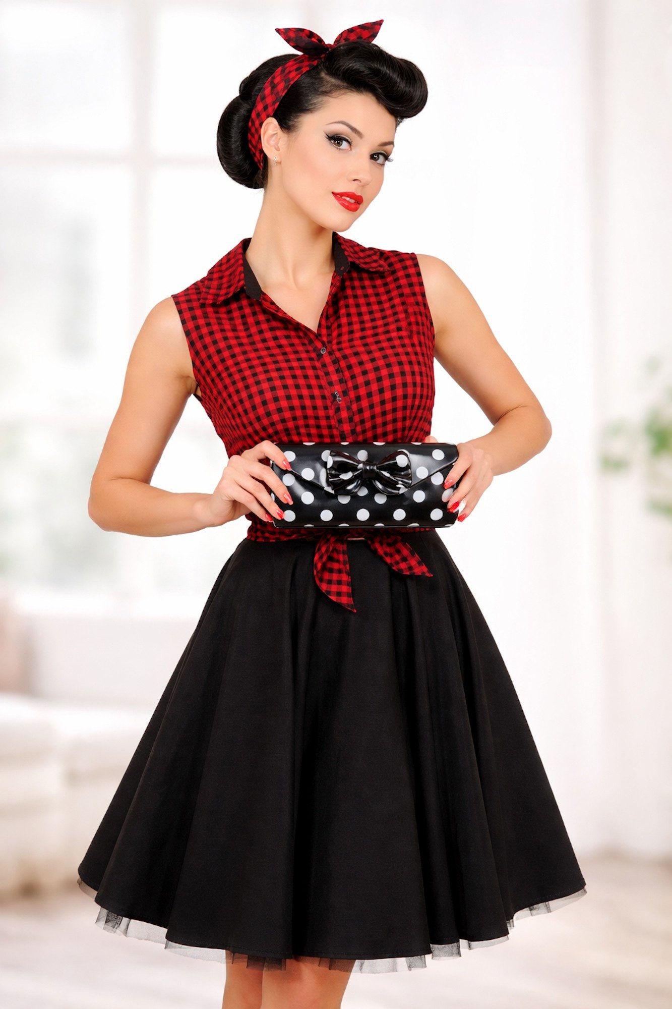 Ella Jonte Clutch, Rockabilly Retro, Polka Dots mit Schleife im 50er Jahre Vintage Stil