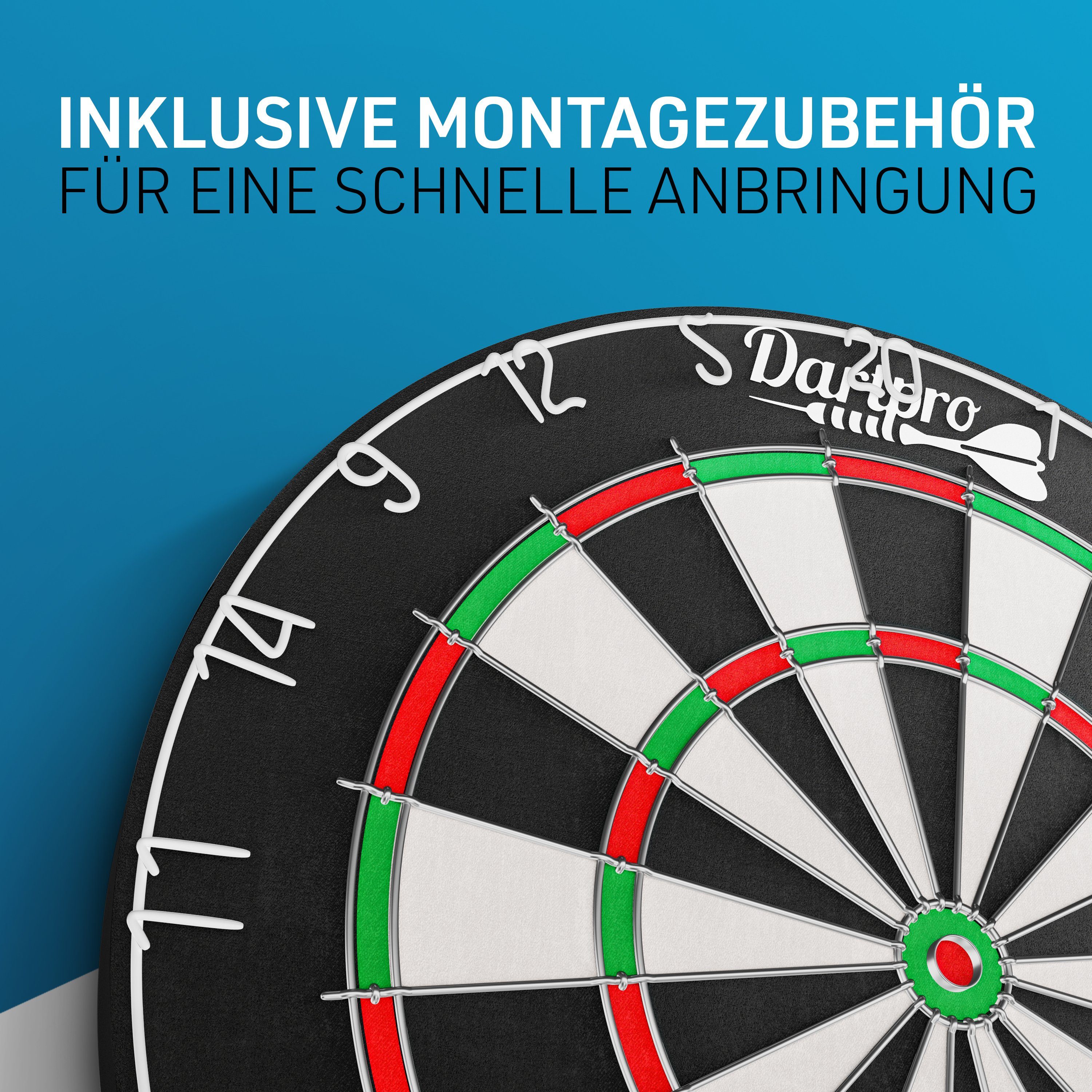 DartPro Dartscheibe Steeldart - Profi Dartboard inkl. 6 Steeldarts (18g) -, hochwertigstes Sisal, extrem dünne Drähte, inkl. Montageset – Bild 4 von 5
