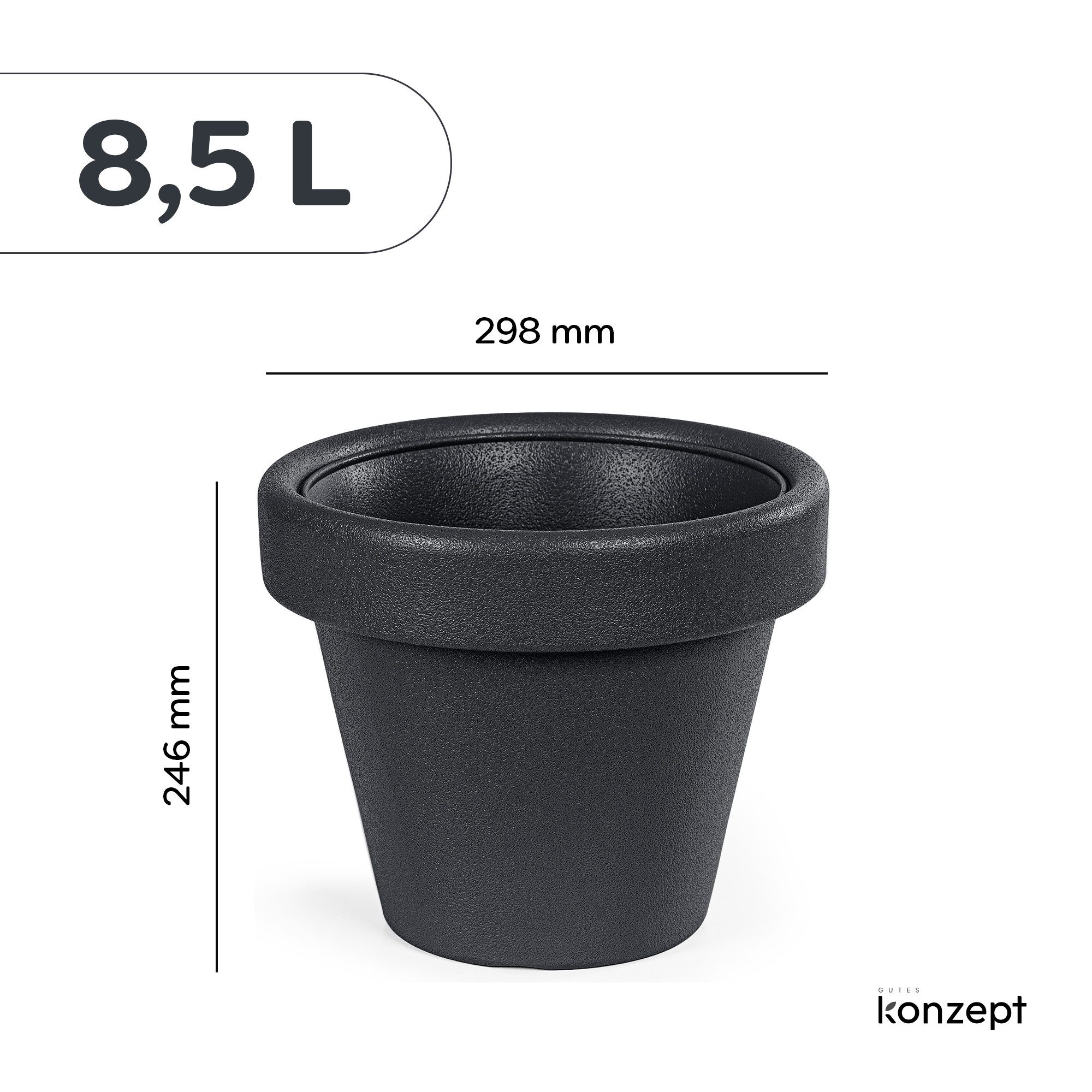 KONZEPT Übertopf aus Kunststoff in Steinoptik, Ø 30 cm, 8,5 L, Stein-Optik, Konische Form, Geprägtem Rand, 8,5 L
