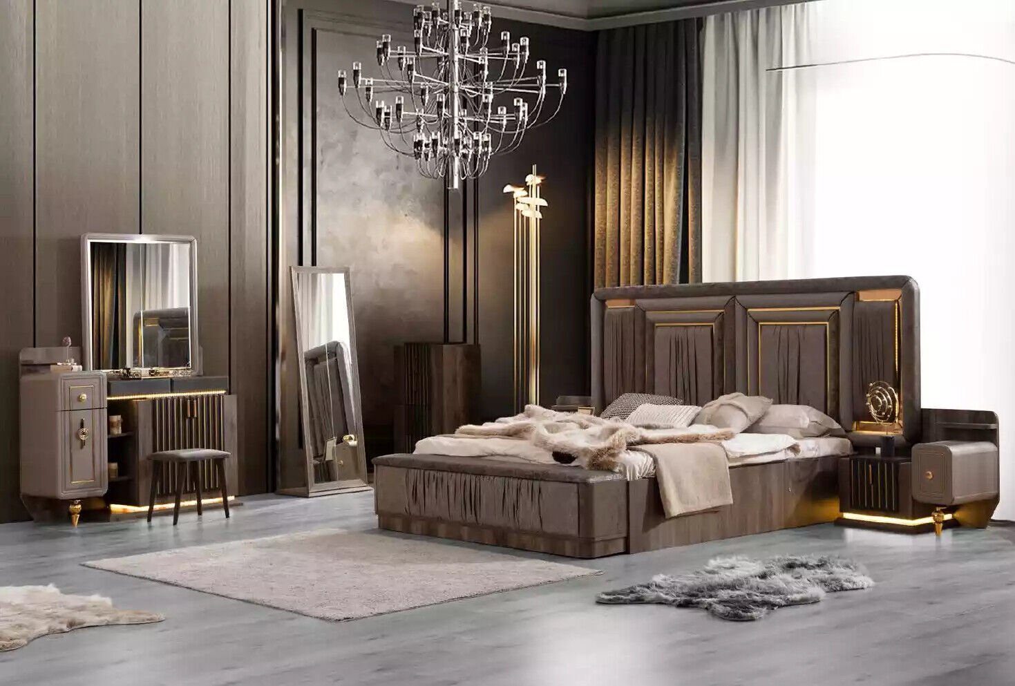 JVmoebel Schlafzimmer-Set Doppelbett Garnitur Schlafzimmer Luxus Bett Modern Grau Design, (6-St., Bett/Bank/2x Nachttische/Schminktisch/Bodenspiegel), Made in Europa