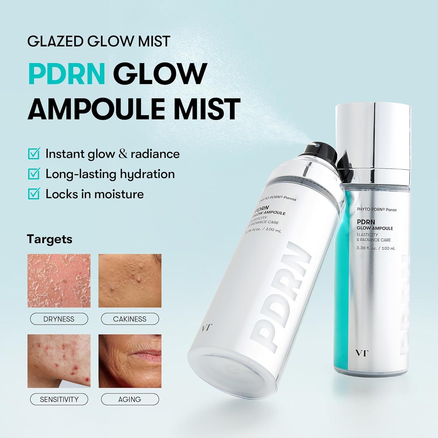 VT Cosmetics Gesichtsserum PDRN Glow Ampoule 100 ml – Feuchtigkeitsspendendes Gesichtsspray mit pflanzlichem PDRN aus Ginseng, Ceramiden & Niacinamid, für strahlende Haut, leichte Textur, parfumfrei