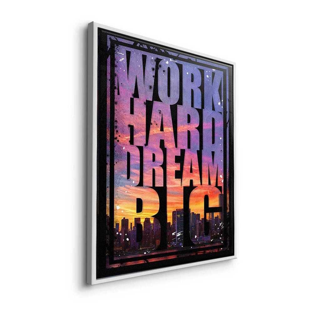 Skyline Work - Motivationsbi - Hard Dream Big DOTCOMCANVAS® Premium Leinwandbild Rahmen Leinwandbild, goldener -