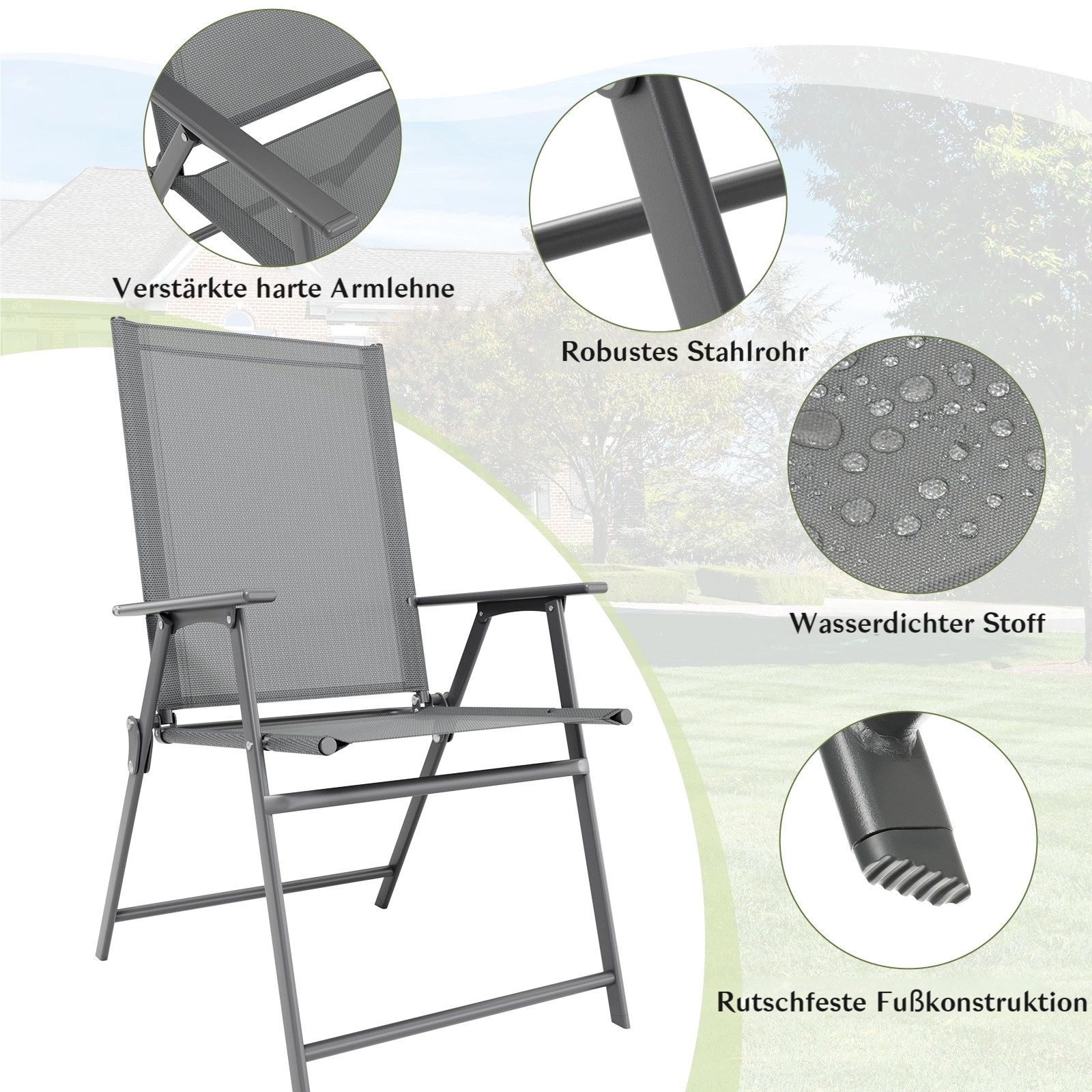 TLGREEN Klappstuhl Eisen-Gartenstuhl mit atmungsaktivem Teslin-Gewebe, (Armlehnen & hoher Rückenlehne, allwettertauglich, 2 St), – für Garten, Pool, Camping – Bild 4 von 5