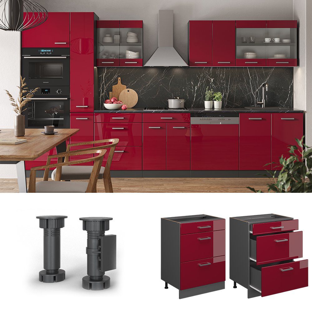 Vicco Unterschrank R-Line, Rot Hochglanz/Anthrazit, 60 cm mit Schubladen, ohne Arbeits... (1-St)
