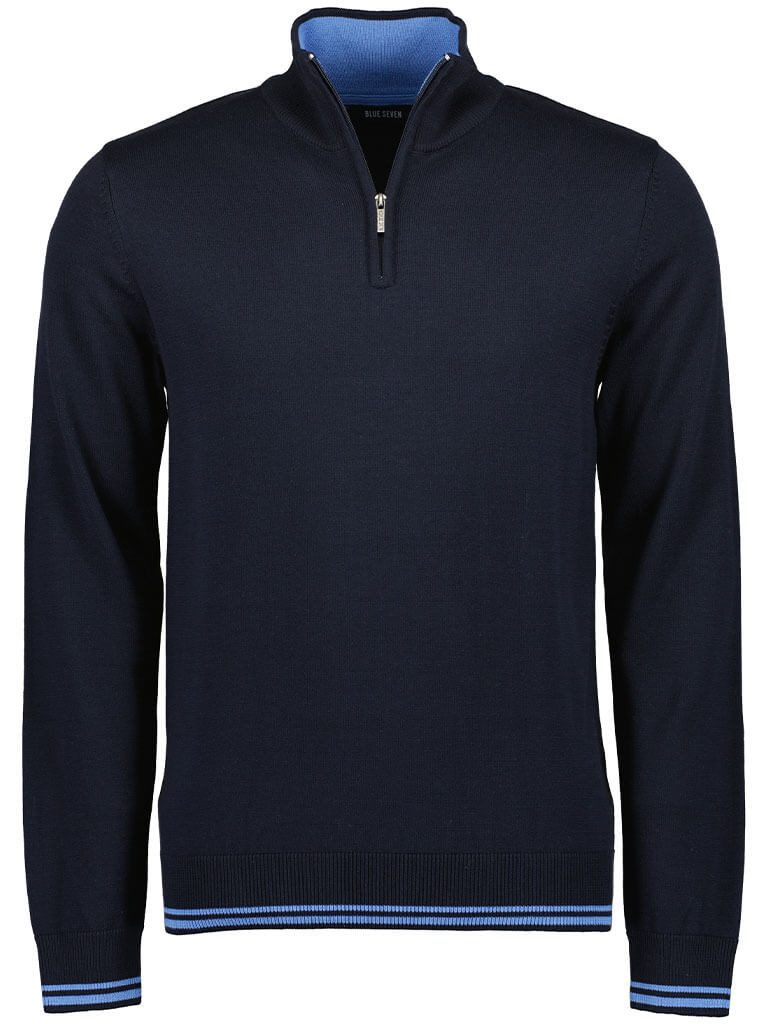 Blue Seven Troyer Herren Pullover 376536 - Strickpullover mit Reißverschluss-Stehkragen Kontrastfarbene Kragen-Innenseite, Bündchen-Streifendetails