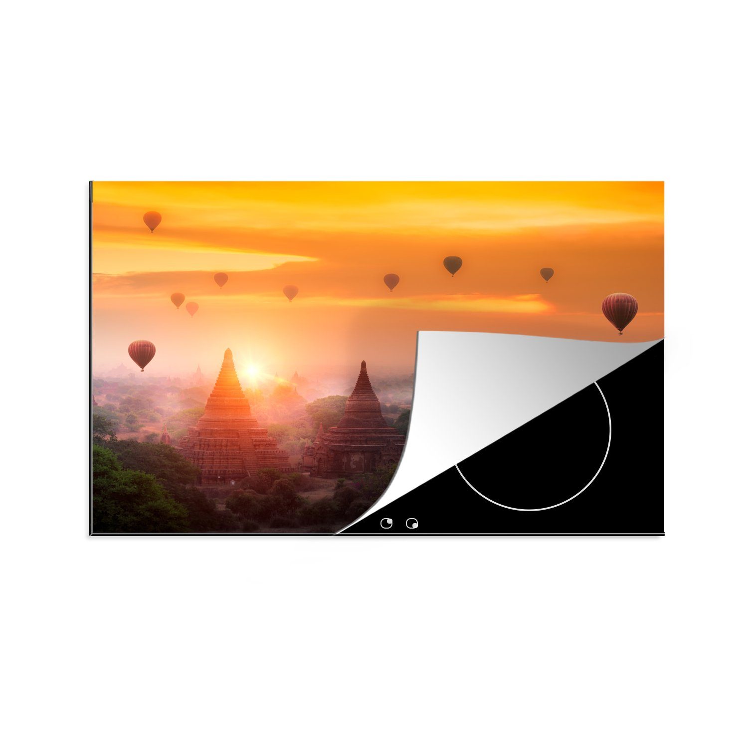 MuchoWow Herdblende-/Abdeckplatte Sonnenuntergang in Bagan in Myanmar, Vinyl, (1 tlg), 81x52 cm, Induktionskochfeld Schutz für die küche, Ceranfeldabdeckung