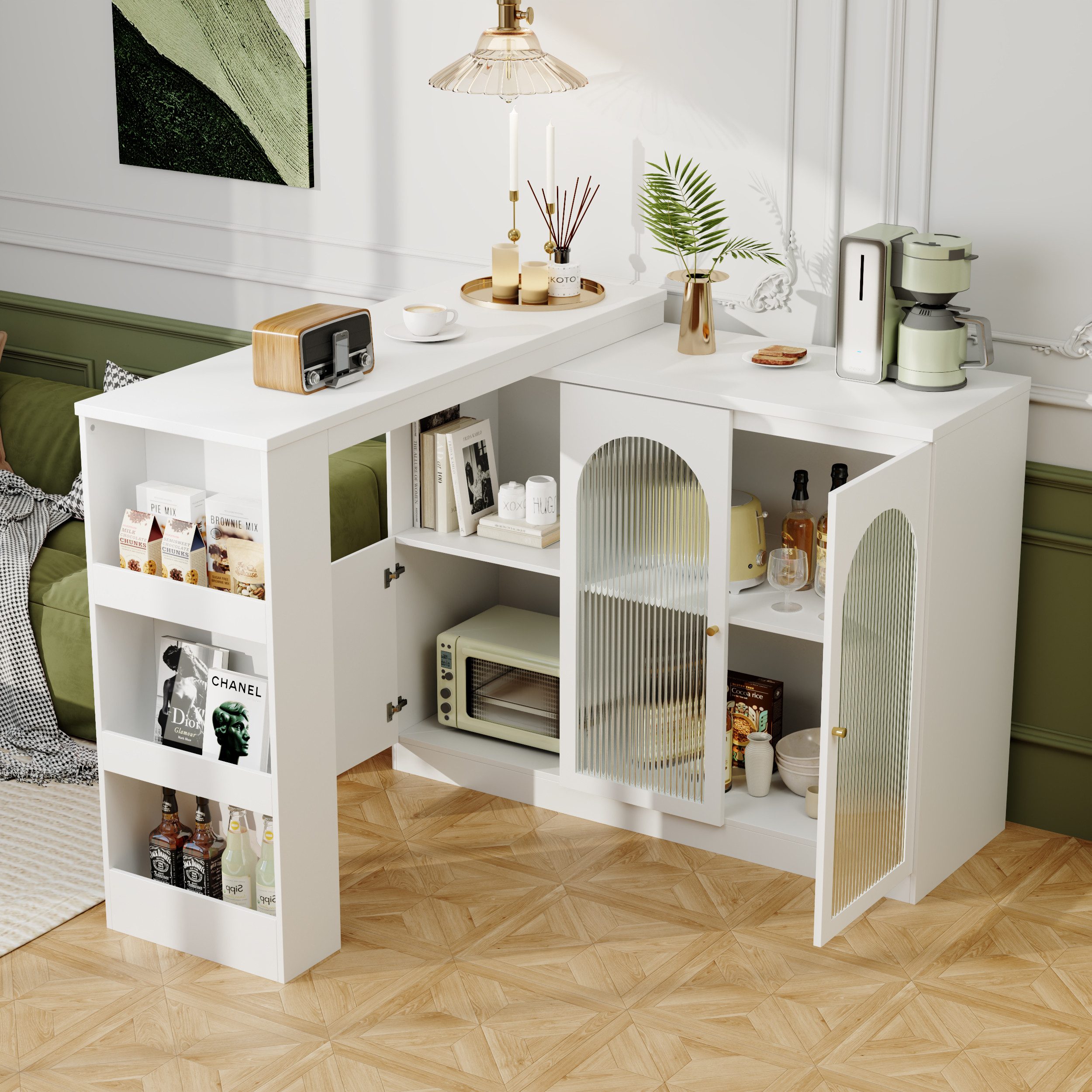 MODFU Bartisch 360° drehbare Essbar (rotierender Ess-Barschrank, multifunktionaler Aufbewahrungsschrank, 3 Türen), mit Glastür, für Küche und Esszimmer