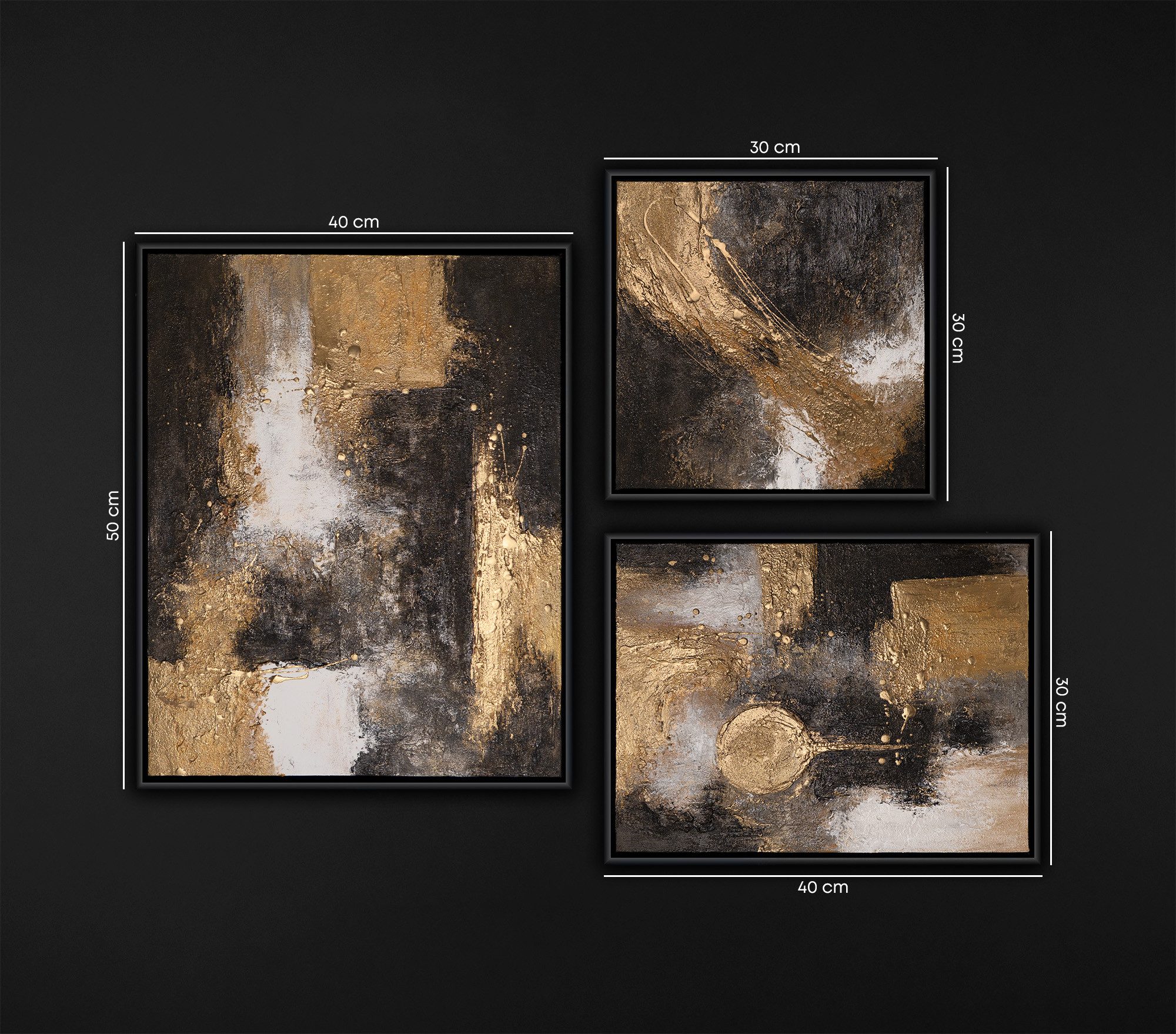 YS-Art Gemälde "Impuls", Abstrakte Kunst (Set, 3 St), Luxuriöses Wandbilder Set in Schwarz-Gold mit abstrakten Strukturen
