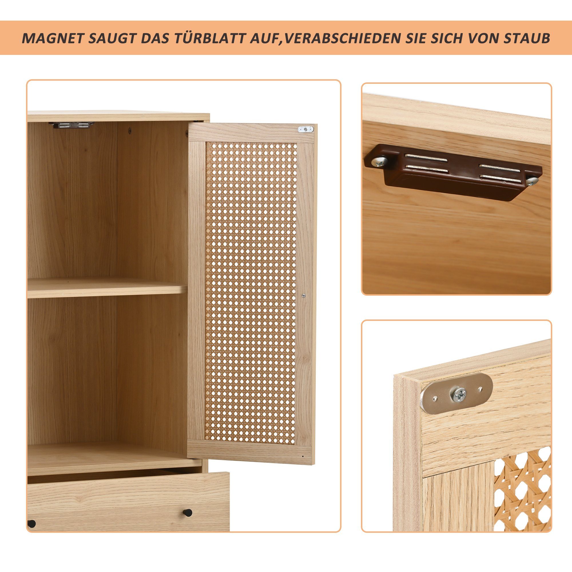 Merax Highboard mit 2 Türen mit Rattan-Geflecht und 2 Schubladen, Sideboard Holz,Kommode,B/H/T:60/120/40cm – Bild 4 von 5