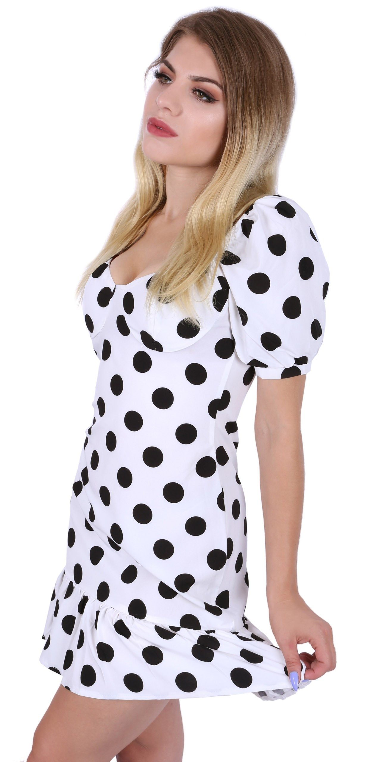 Sarcia.eu Minikleid Weißes, kurzes Kleid getupft, mit Rüsche Parisian M