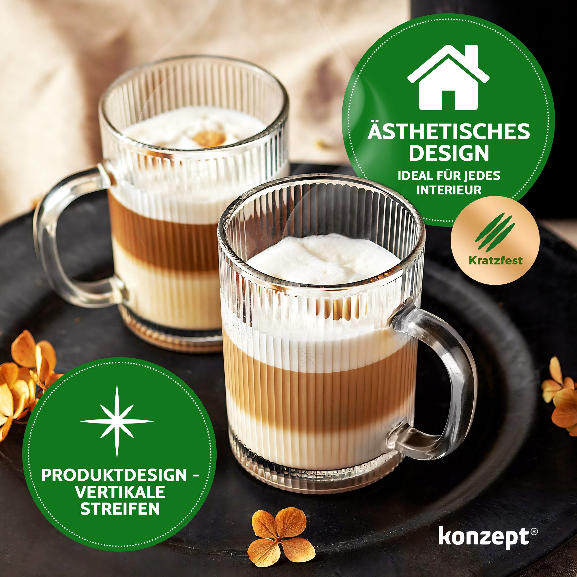 KONZEPT Gläser-Set Kaffeegläser Geriffelt 350ml Set 2/4/6 Stk. mit Henkel Transparent, 6-tlg., 350 ml, geriffelte, ideal als Kaffeegläser – Bild 2 von 5