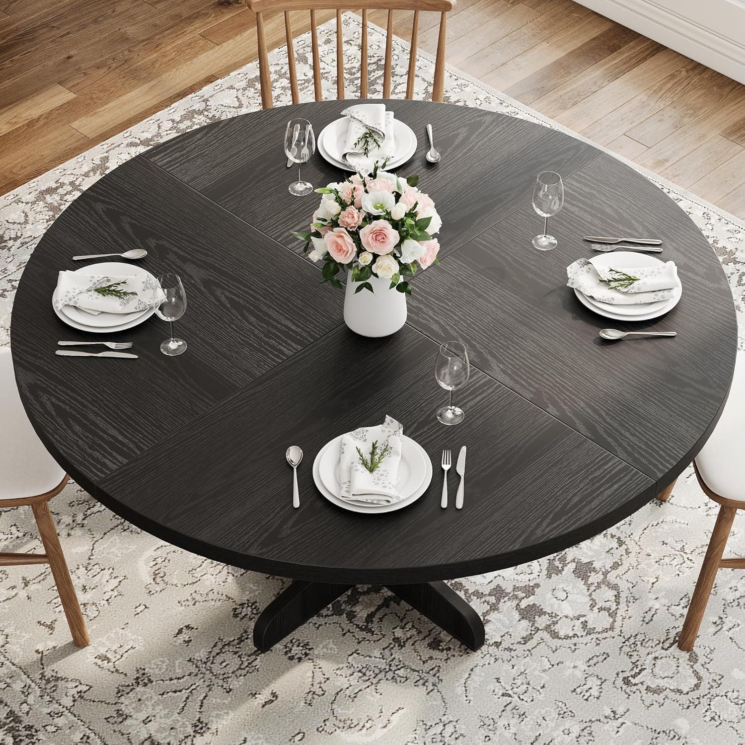 GarveeMore Esstisch Runder mit Holztischplatte und stabilem Fuß 4 Personen,120cm, Küchentische aus Holz für Esszimmer,Küche,Wohnzimmer – Bild 4 von 5