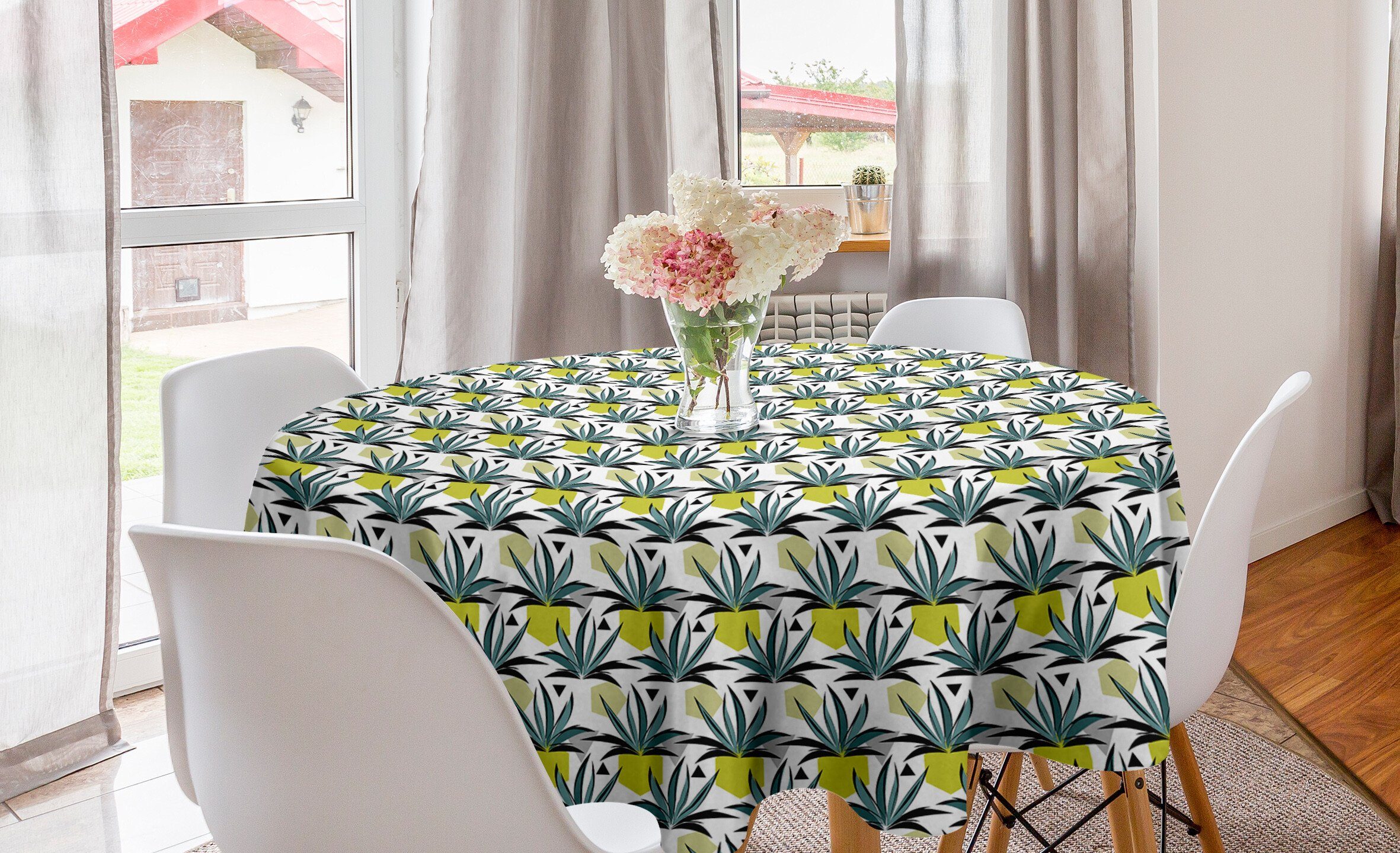 Abakuhaus Tischdecke Kreis Tischdecke Abdeckung für Esszimmer Küche Dekoration, Tropisch Botanische und Geometrisches
