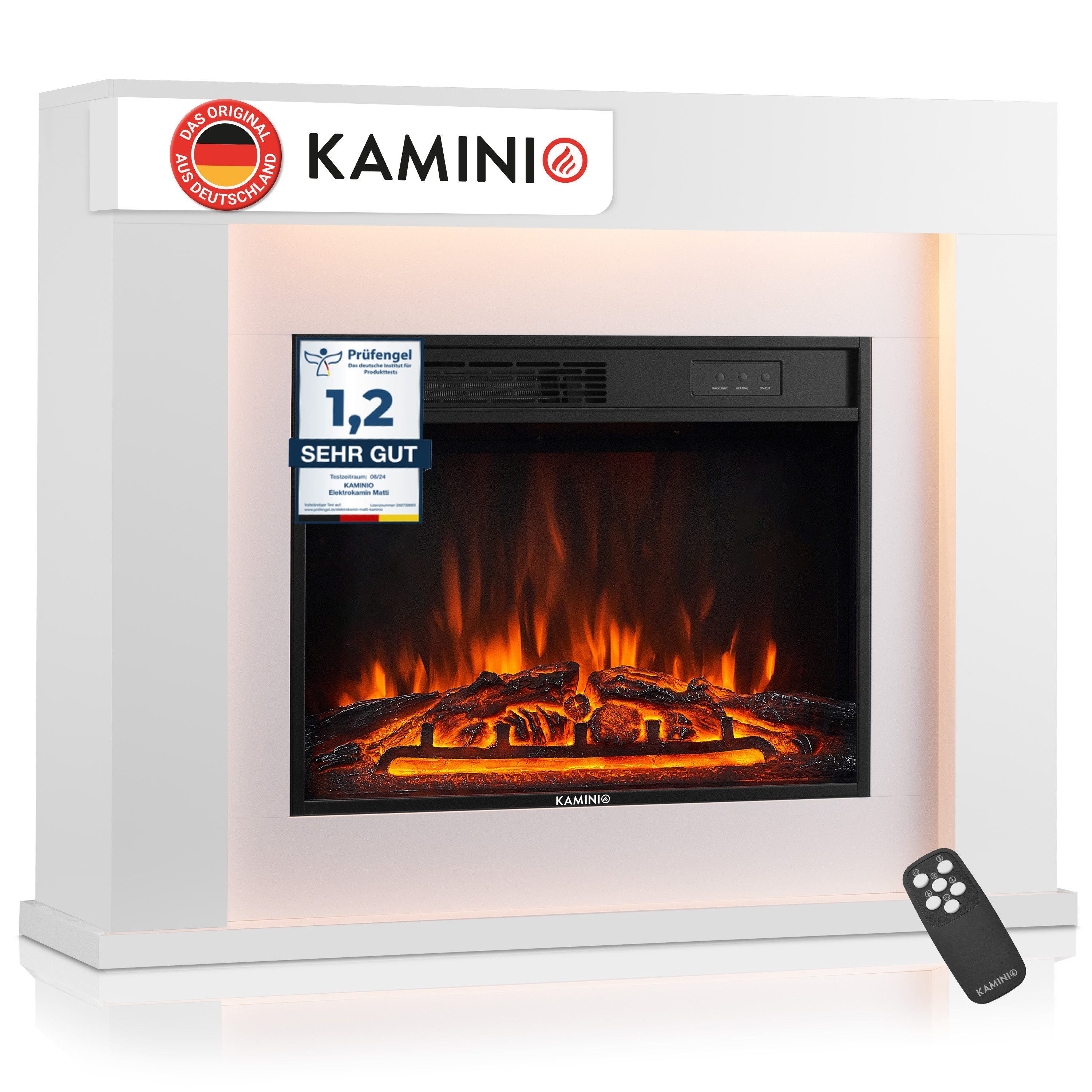 KAMINIO Elektrokamin MATTI, Elektrischer Kamin mit 3D-Flammeneffekt, Ambientelicht, Heizung 1800W
