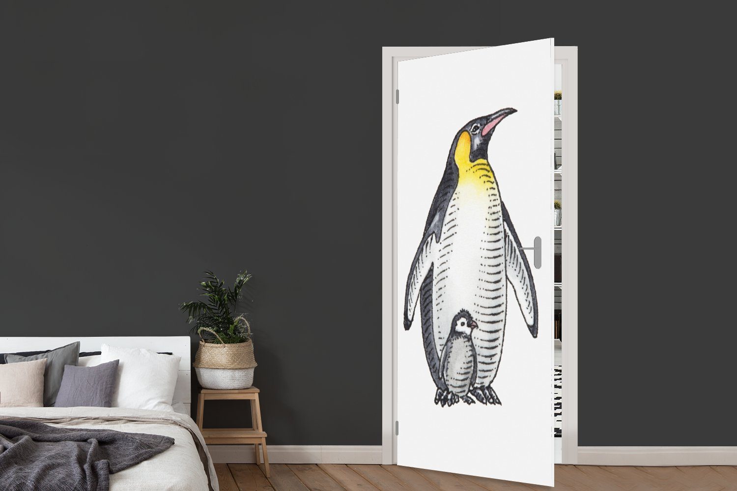 cm - MuchoWow Fototapete für Türaufkleber, bedruckt, 75x205 Pinguin Türtapete (1 Tür, Matt, St), Tiere Aquarell, -