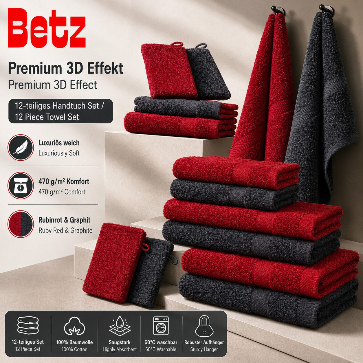 Betz Handtuch Set 12-tlg. Handtücher-Set Premium, 100% Baumwolle (Set, 12-St), 2 Duschtücher, 4 Handtücher, 2 Gästetücher, 2 Seiftücher, 2 WH
