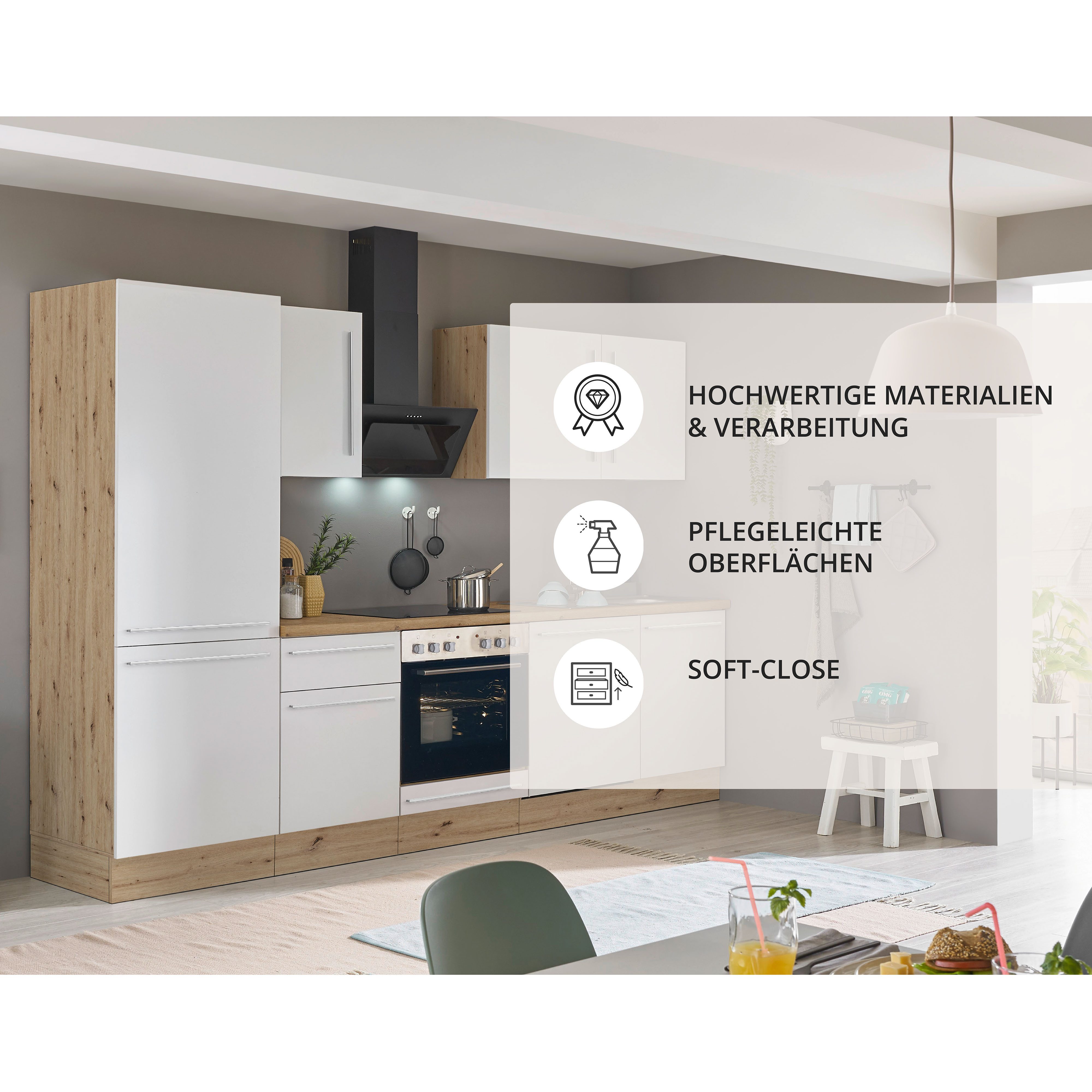 KOCHSTATION Küchenzeile KS-Florida mit 38mm starker Arbeitsplatte, Breite 280 cm, wahlweise mit E-Geräten, Soft-Close-Funktion
