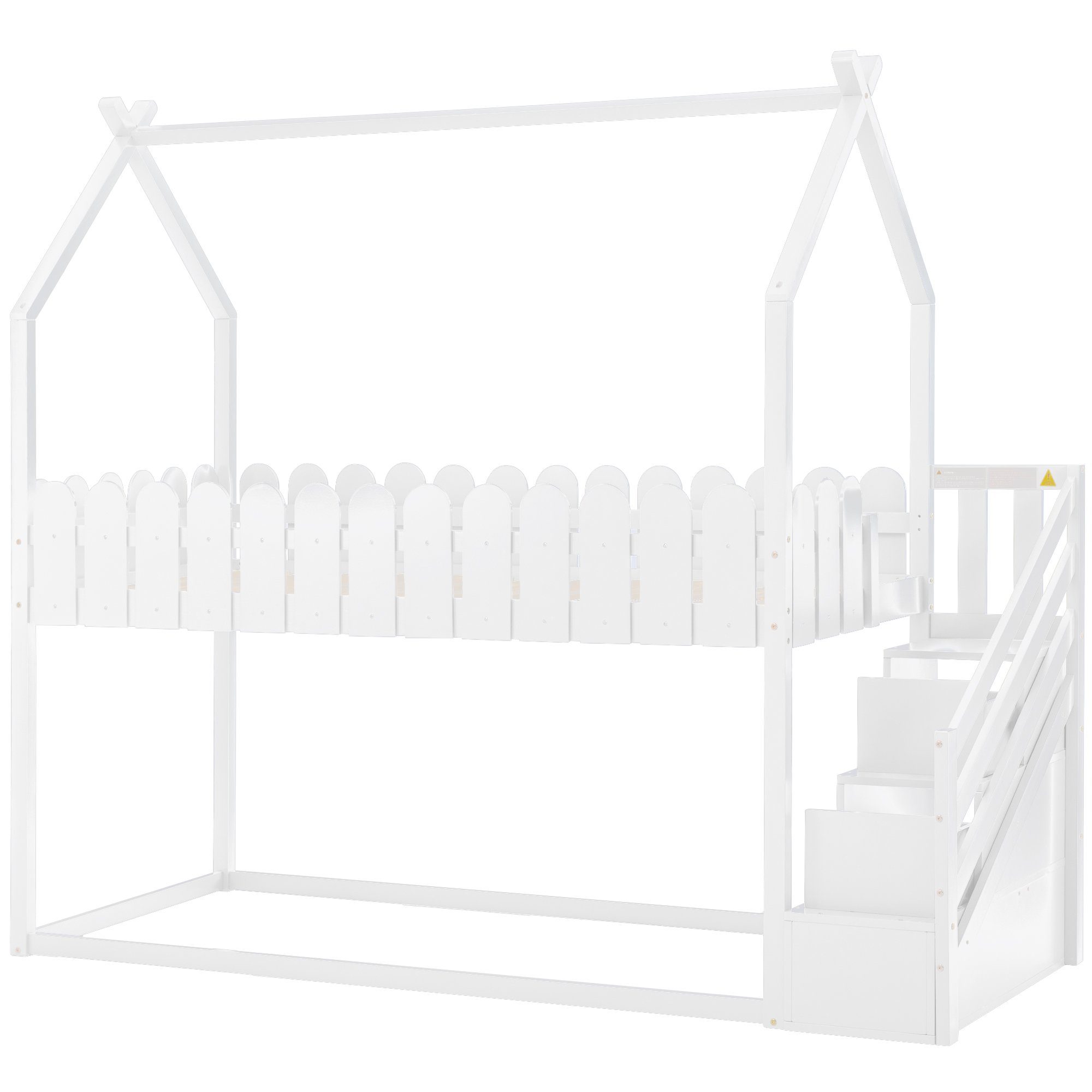 Etagenbett (Hochbett 90x200 mit zwei Schubladen), Kinderbett Hausbett mit Treppe, Rausfallschutz und Lattenrost, Kiefer