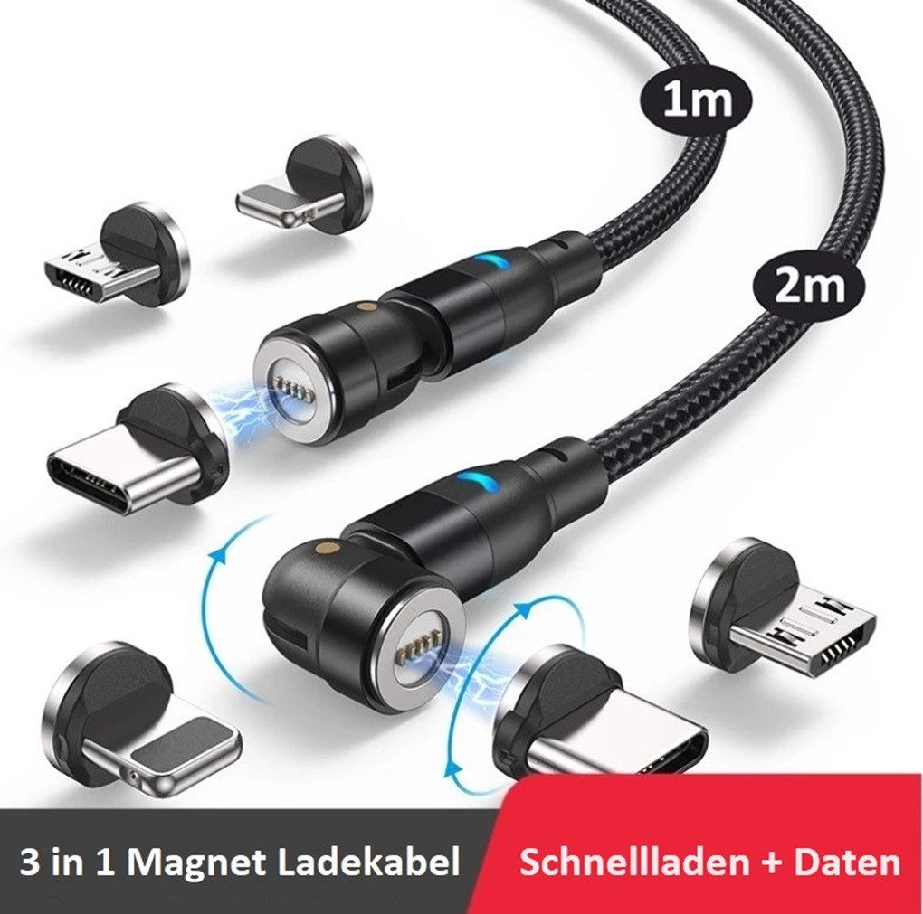 Kevin Frotscher (FroShop) 540° 3 in 1 Magnet Ladekabel Universal Handy für Apple iPhone magnetisches Ladekabel, Samsung Huawei Lenovo Xiaomi Micro USB Typ C - 2 Meter Laden + Daten