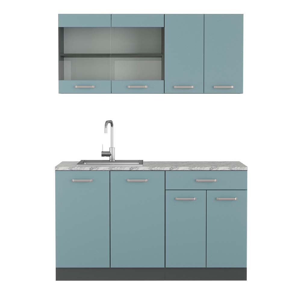 Vicco Küchenzeile R-Line, Blau-Grau/Anthrazit, 140 cm, AP Marmor