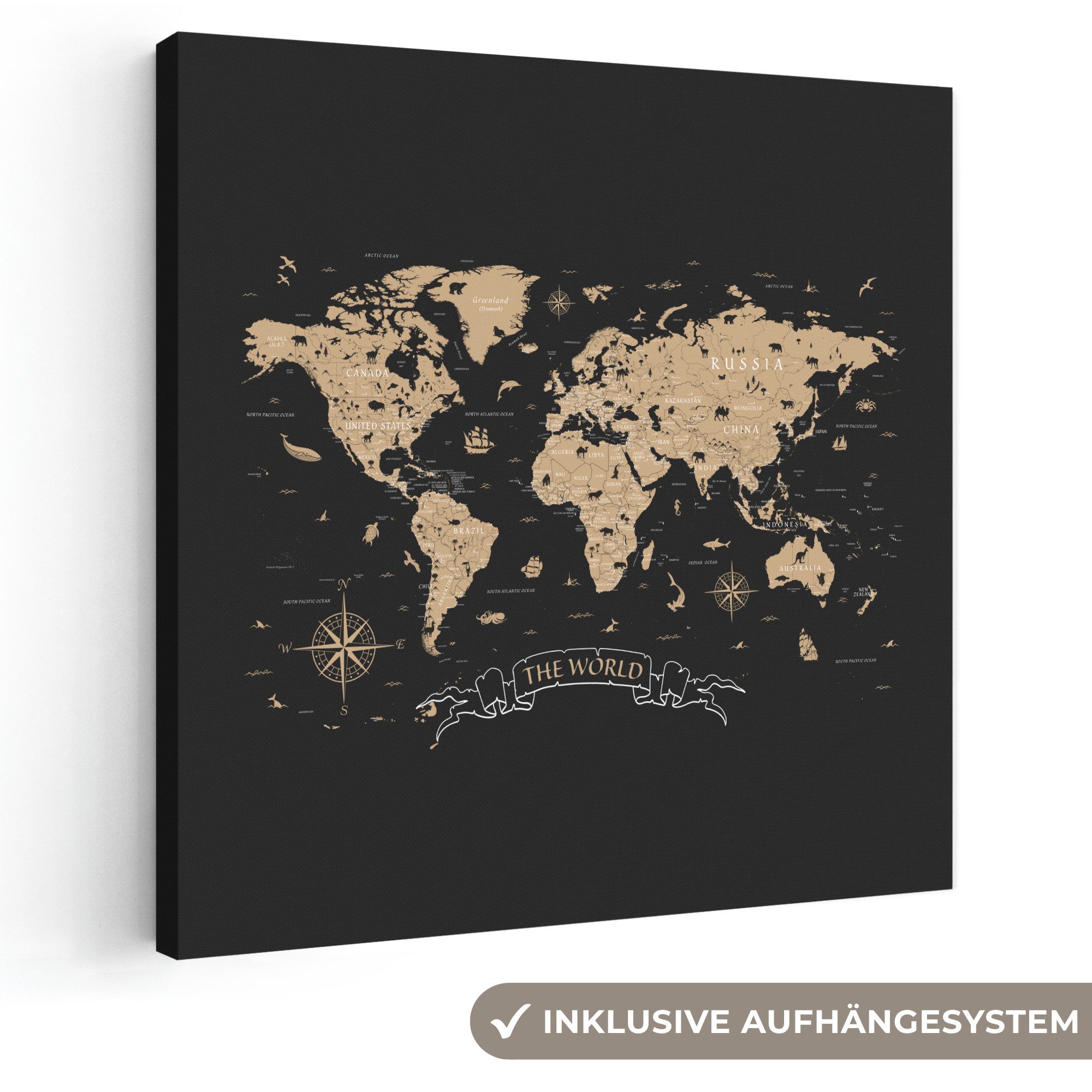 OneMillionCanvasses® Leinwandbild Weltkarte - Beige - Schwarz, Fotodruck (1 St), Wandbild, Deko Schlafzimmer Wohnzimmer Flur 20x20 cm