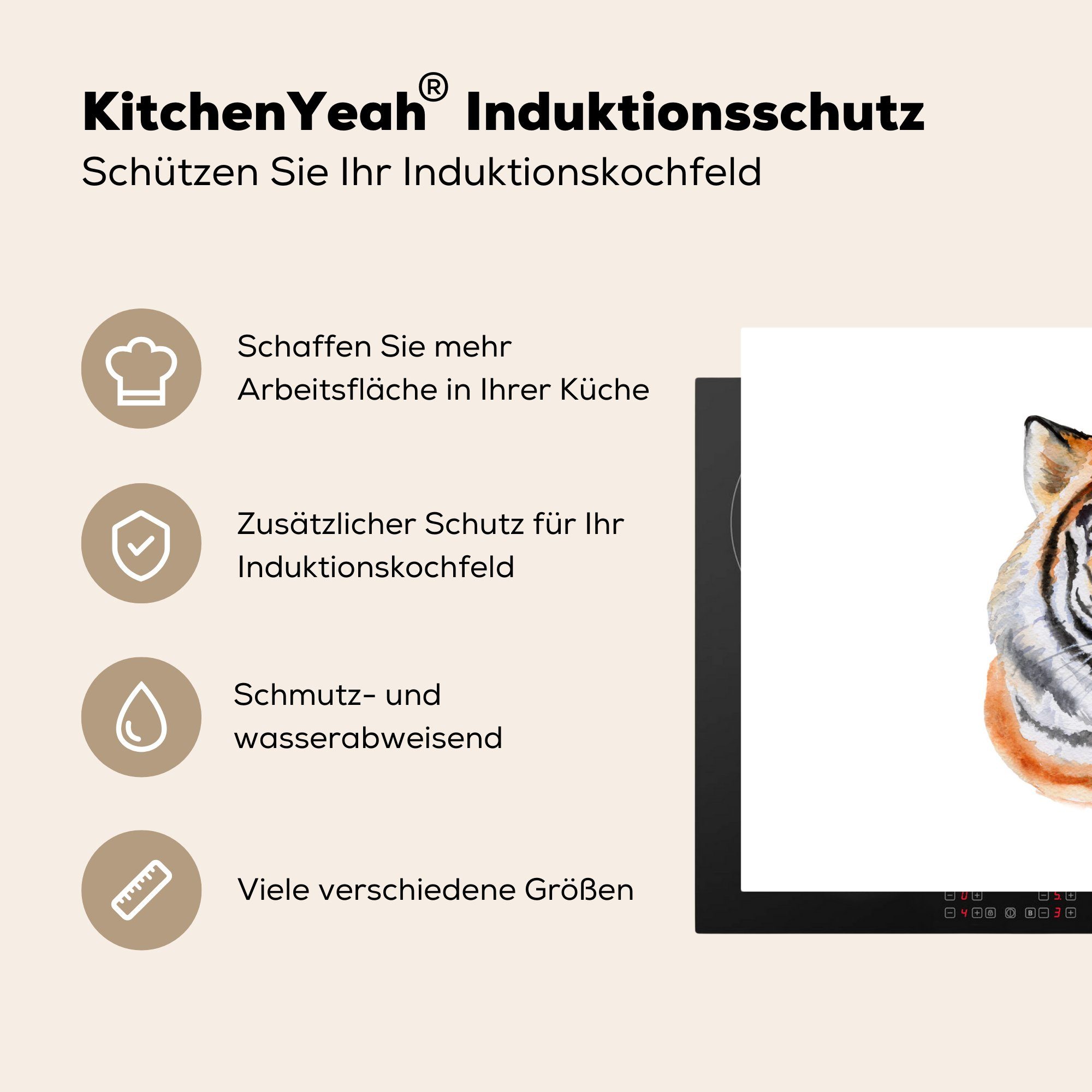 MuchoWow Herdblende-/Abdeckplatte Tiger Weiß, (1 Induktionskochfeld für Schutz Augen cm, - 81x52 Vinyl, - küche, tlg), Ceranfeldabdeckung die