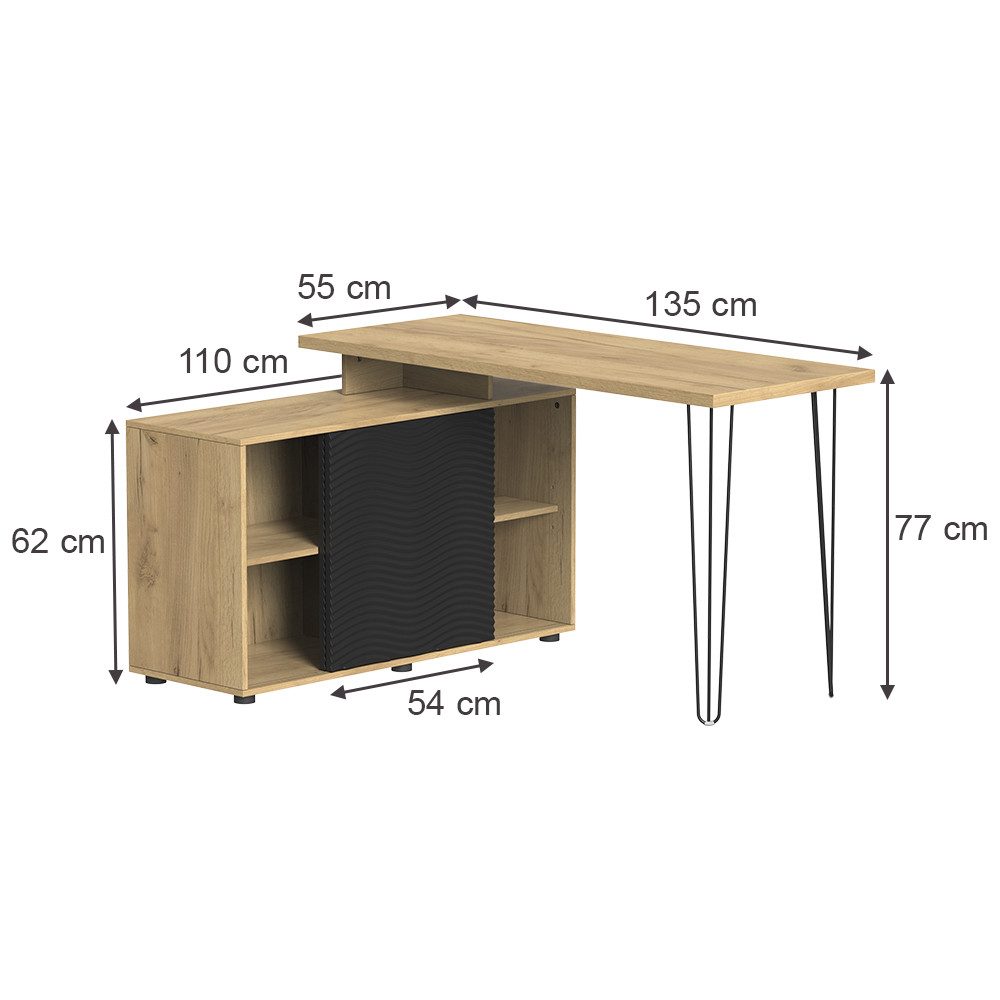 Vicco Eckschreibtisch Notivo, Schwarz/Schwarz, 135 x 55 cm mit Aktenschrank (1-St)